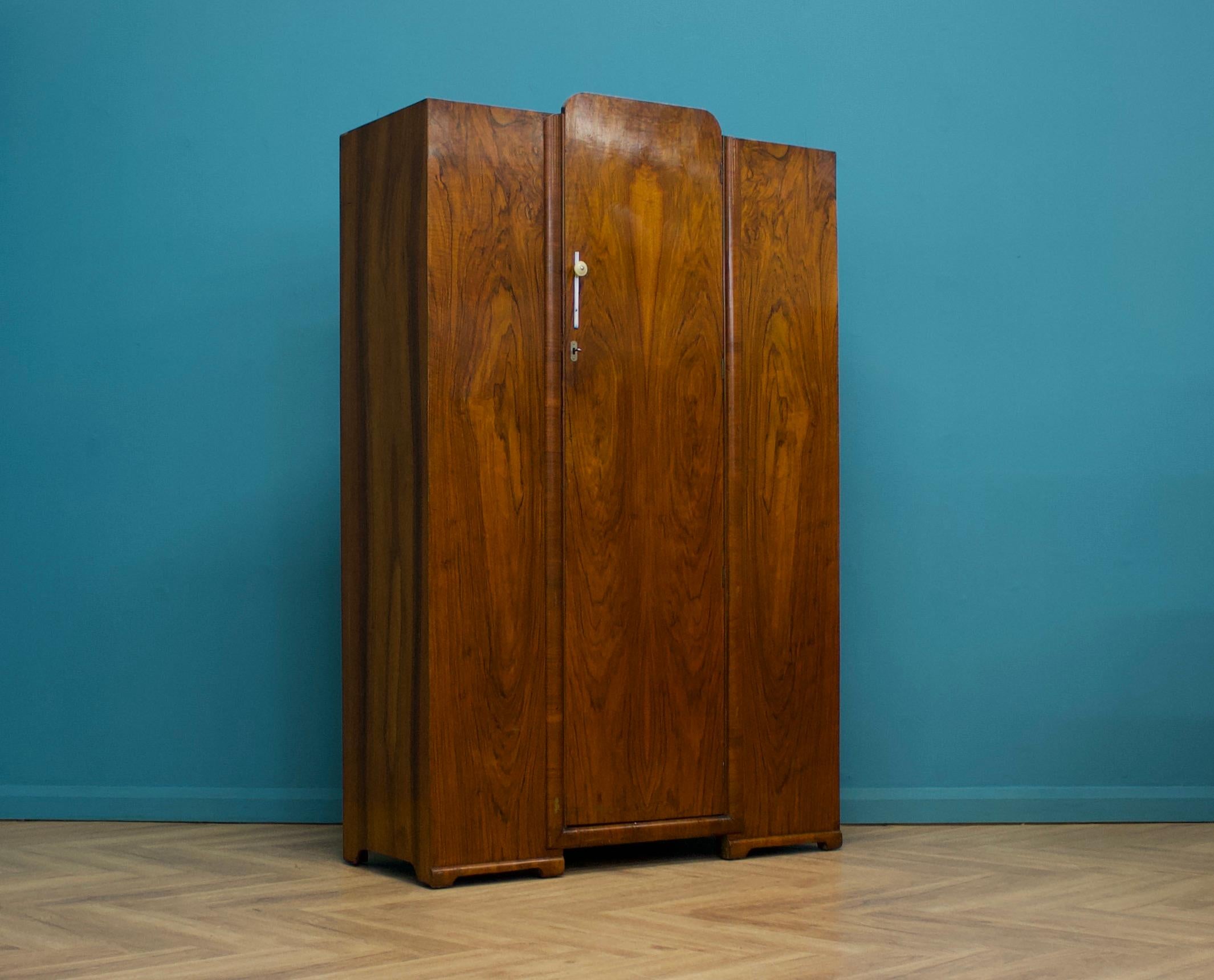 British Art Deco Style Walnut Wardrobe, 1950s In Good Condition In South Shields, GB