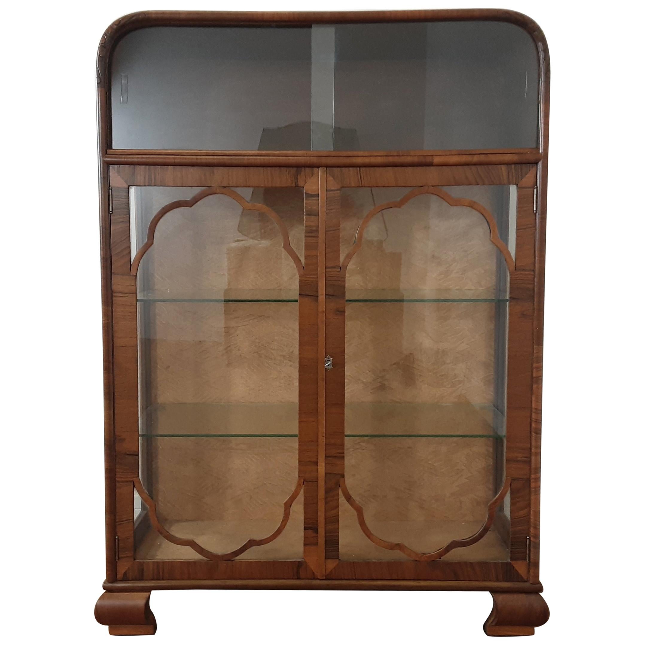 British Art Deco Walnut Display Cabinet Vitrine Bookcase For Sale