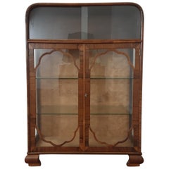 Vintage British Art Deco Walnut Display Cabinet Vitrine Bookcase