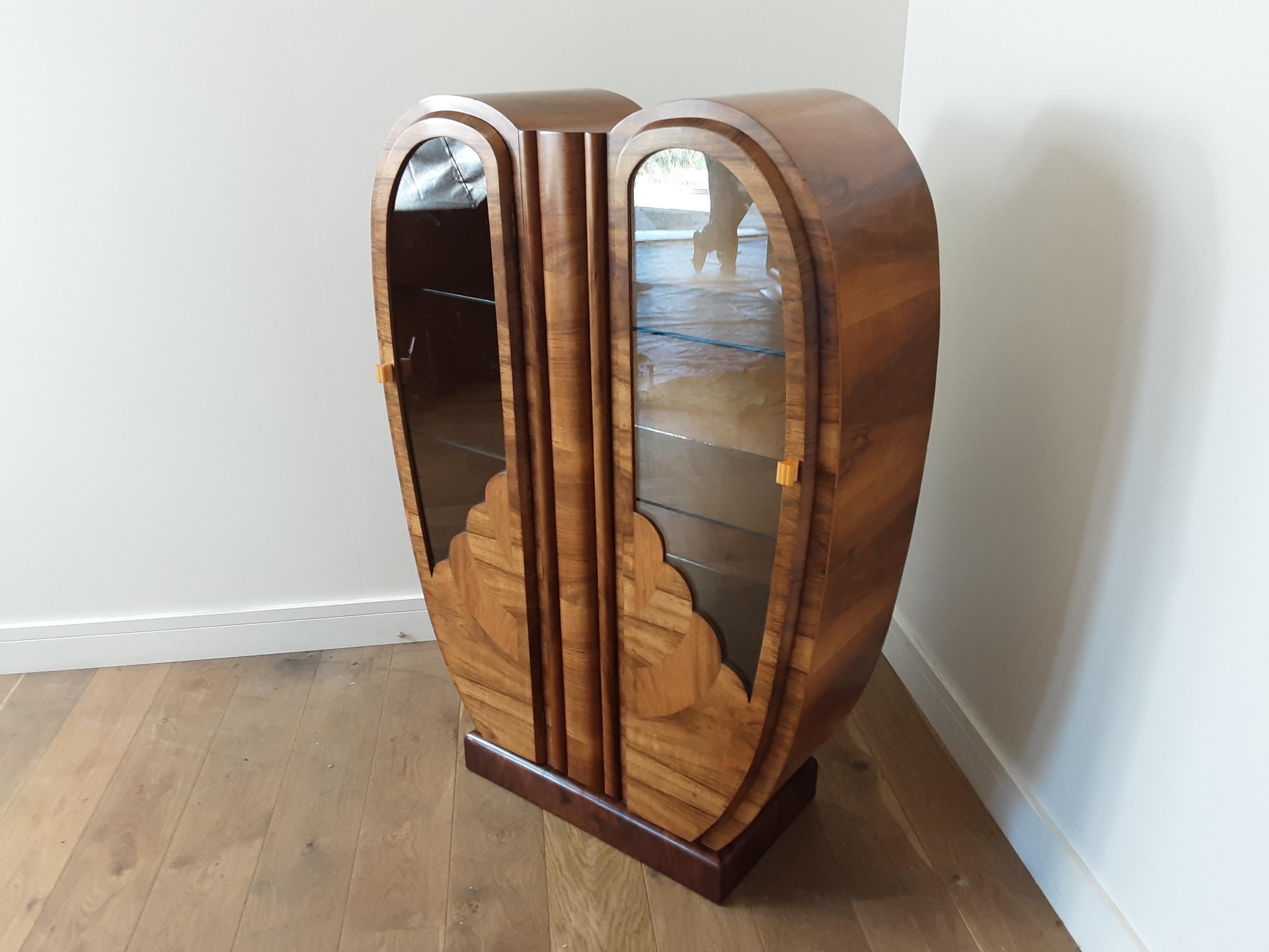 British Art Deco Walnut Heart Shaped Display Cabinet 1
