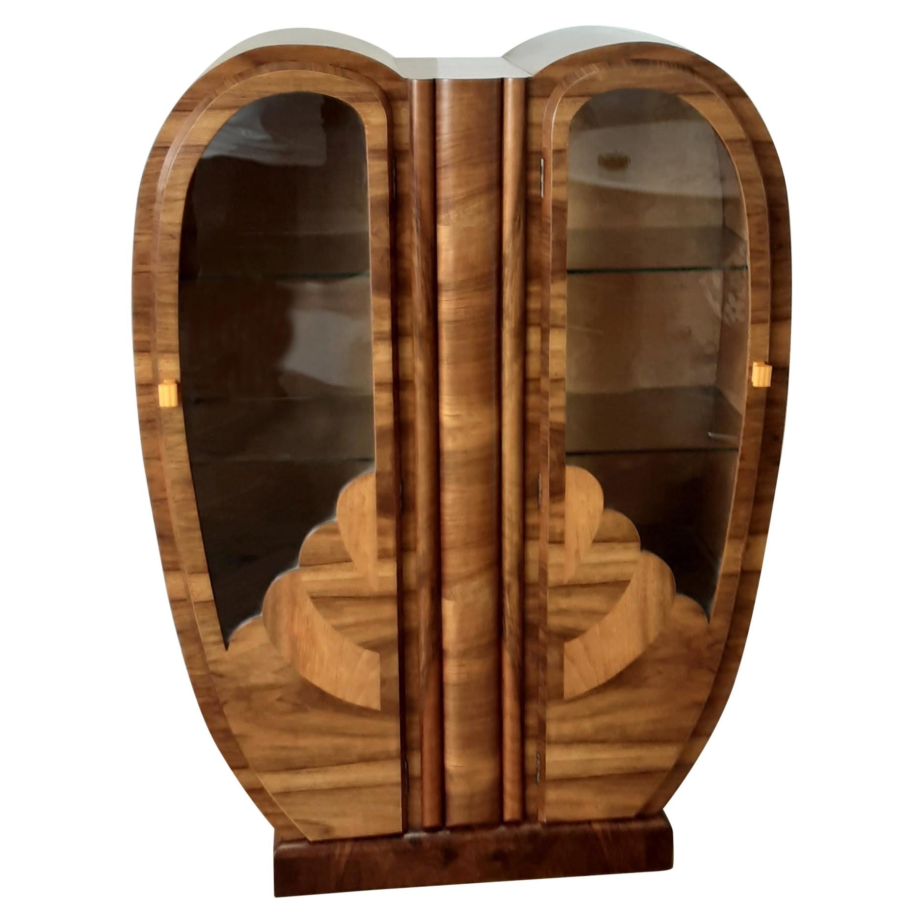 British Art Deco Walnut Heart Shaped Display Cabinet