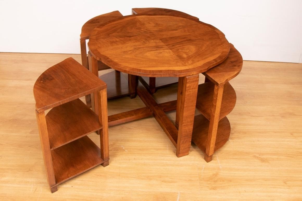 European British Art Deco Walnut Nest of Five Tables, c.1930s For Sale