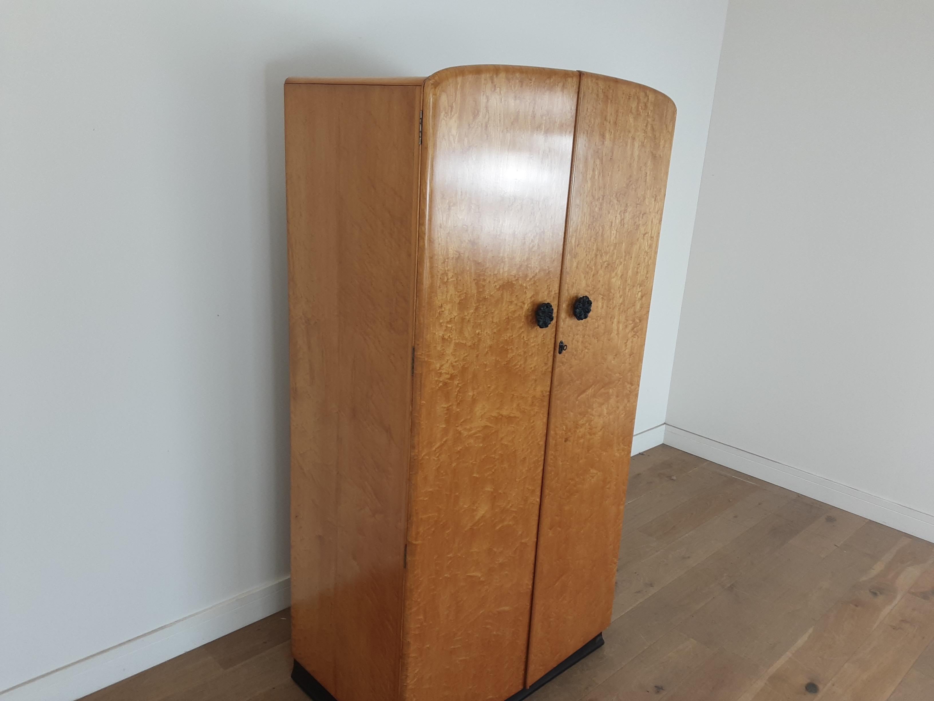 20th Century British Art Deco Wardrobe in a Golden Bird's-Eye Maple on an Ebony Base