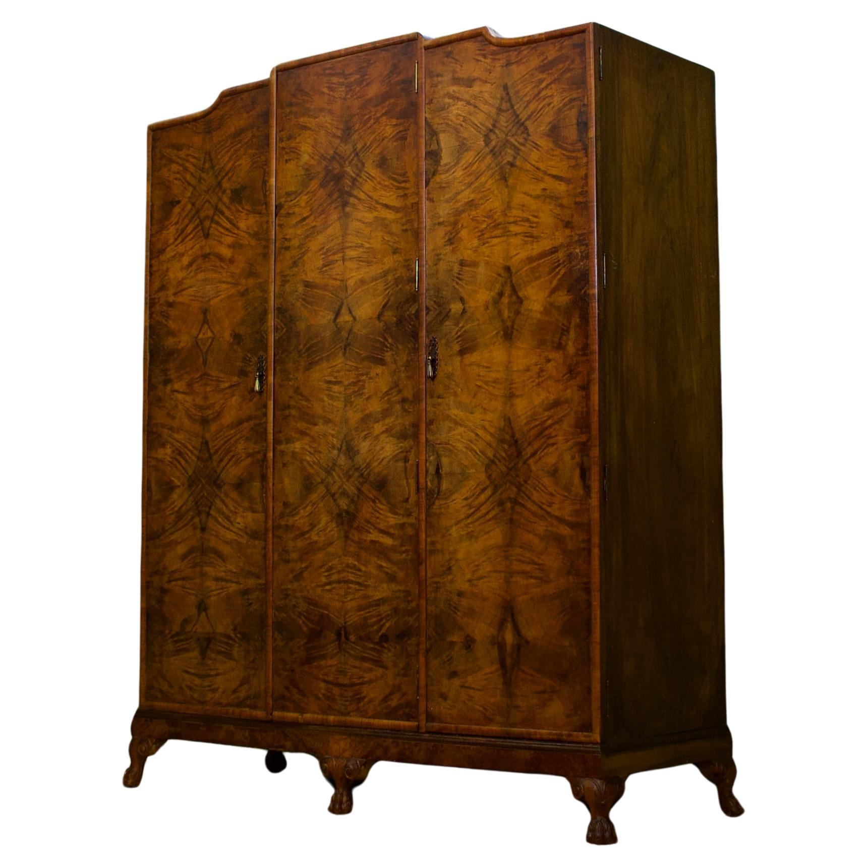 British Art Deco Wardrobe in Burr Walnut, 1930s For Sale