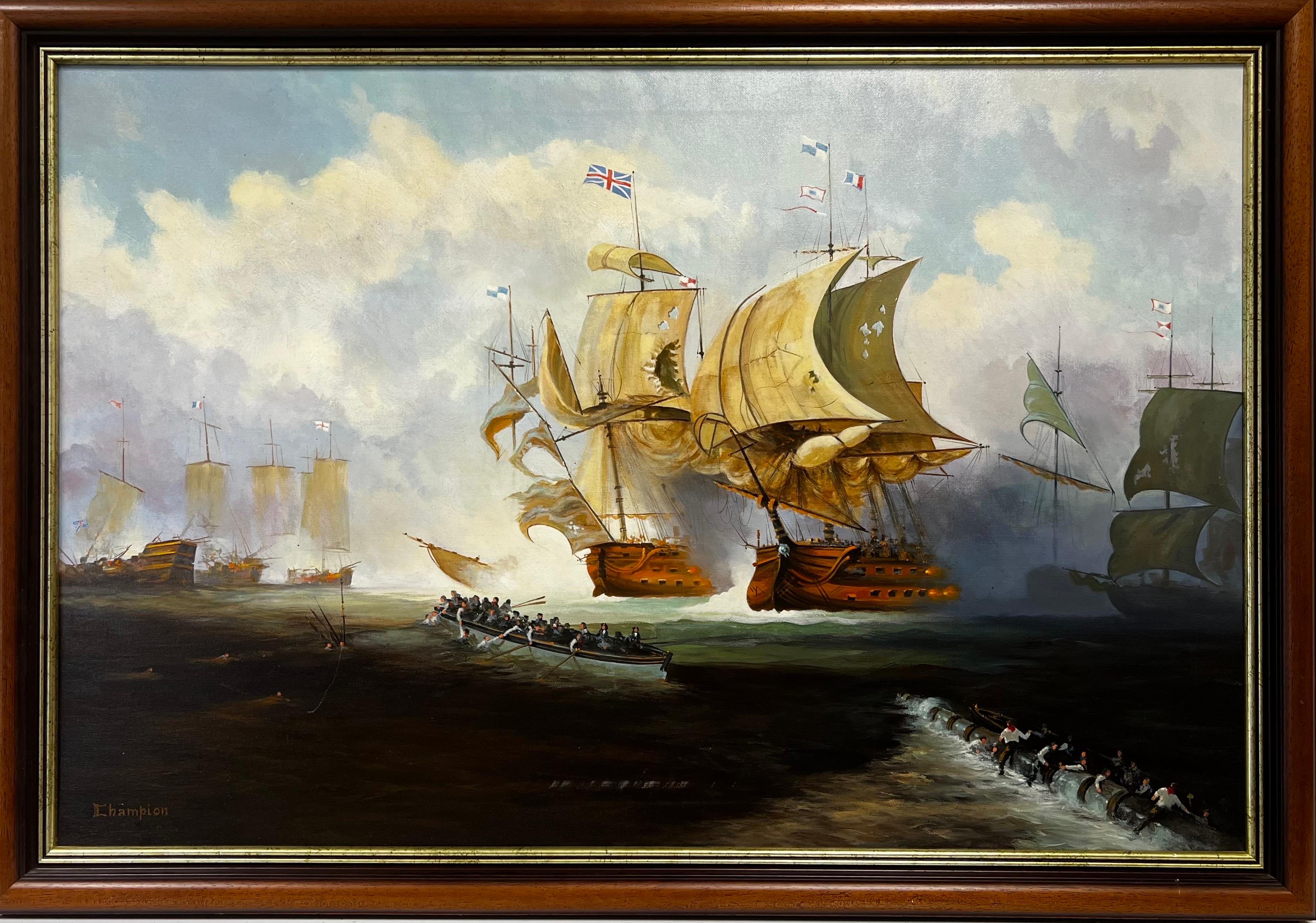 Très grande huile britannique représentant la célèbre bataille de Trafalgar - Painting de British Artist