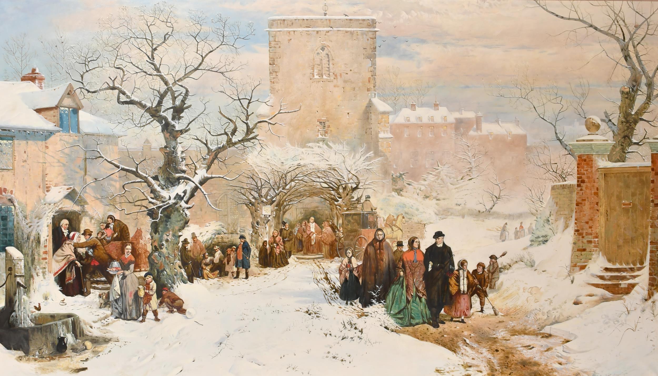 Christmas Day in the Victorian Village with Snow Huge British Oil Painting  - Beige Landscape Painting by British Artist