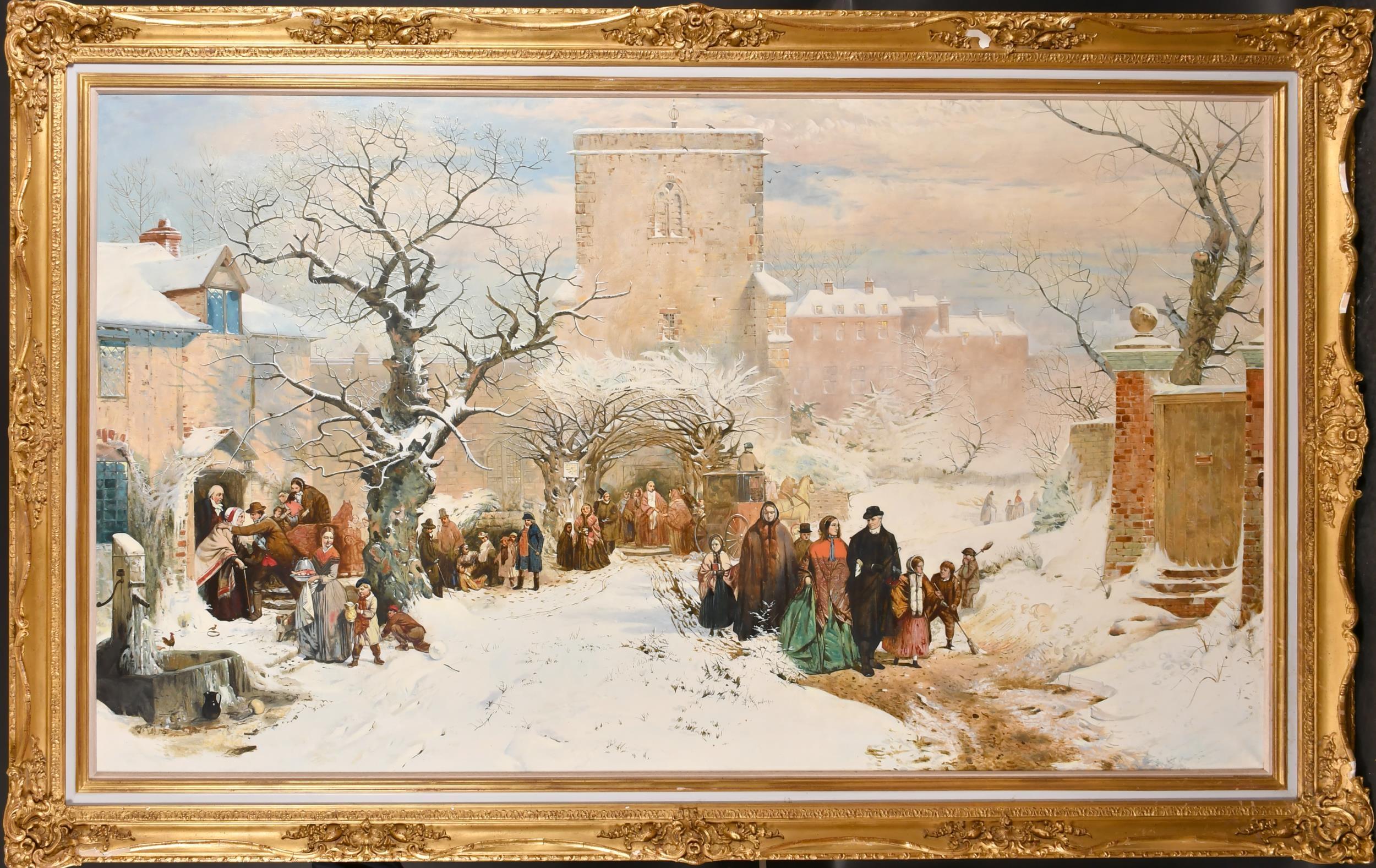 British Artist Landscape Painting - Christmas Day in the Victorian Village with Snow Huge British Oil Painting 