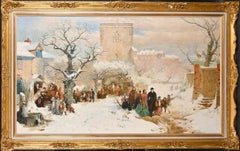 Christmas Day in the Victorian Village with Snow Huge British Oil Painting 