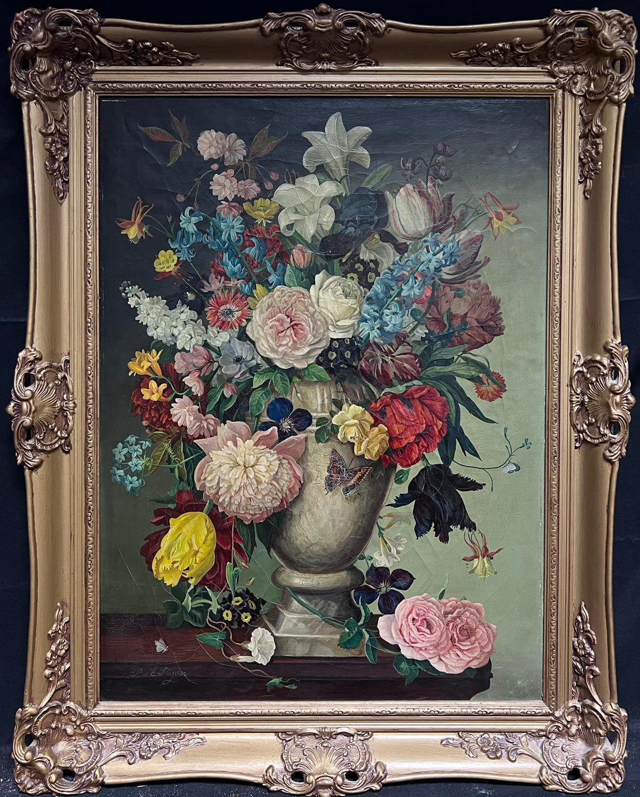 Fine Classical Still Life Summer Flowers, Britisches Ölgemälde Ausstellungsetikett – Painting von British Artist