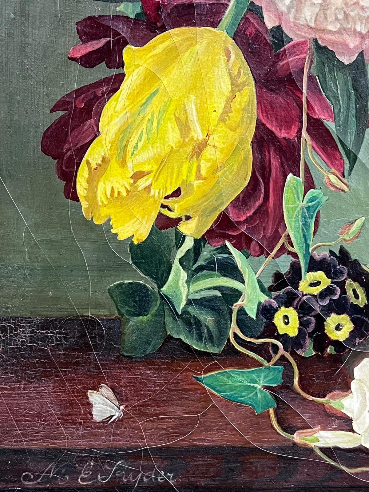 Fine Classical Still Life Summer Flowers, British Oil Painting Exhibition label For Sale 1