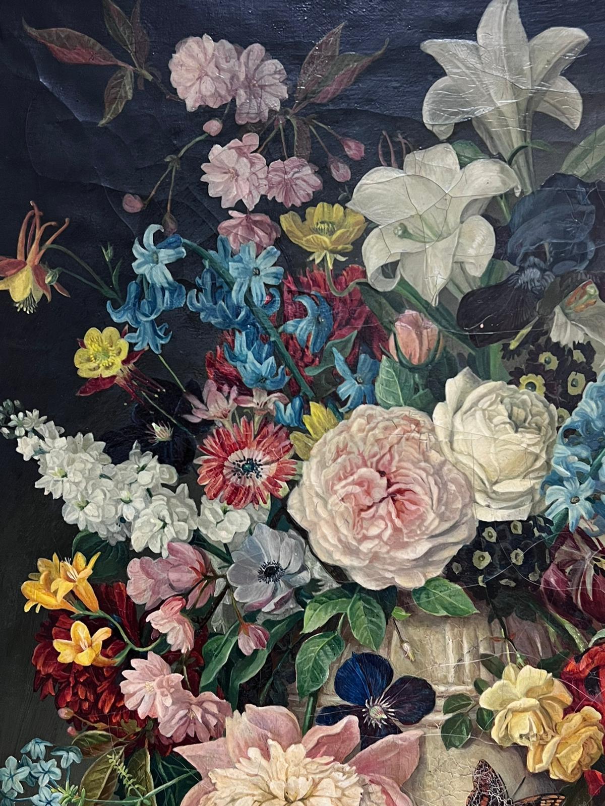 Fine Classical Still Life Summer Flowers, Britisches Ölgemälde Ausstellungsetikett im Angebot 1