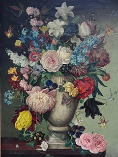 Retro Fine Classical Still Life Summer Flowers, British Oil Painting Exhibition label
