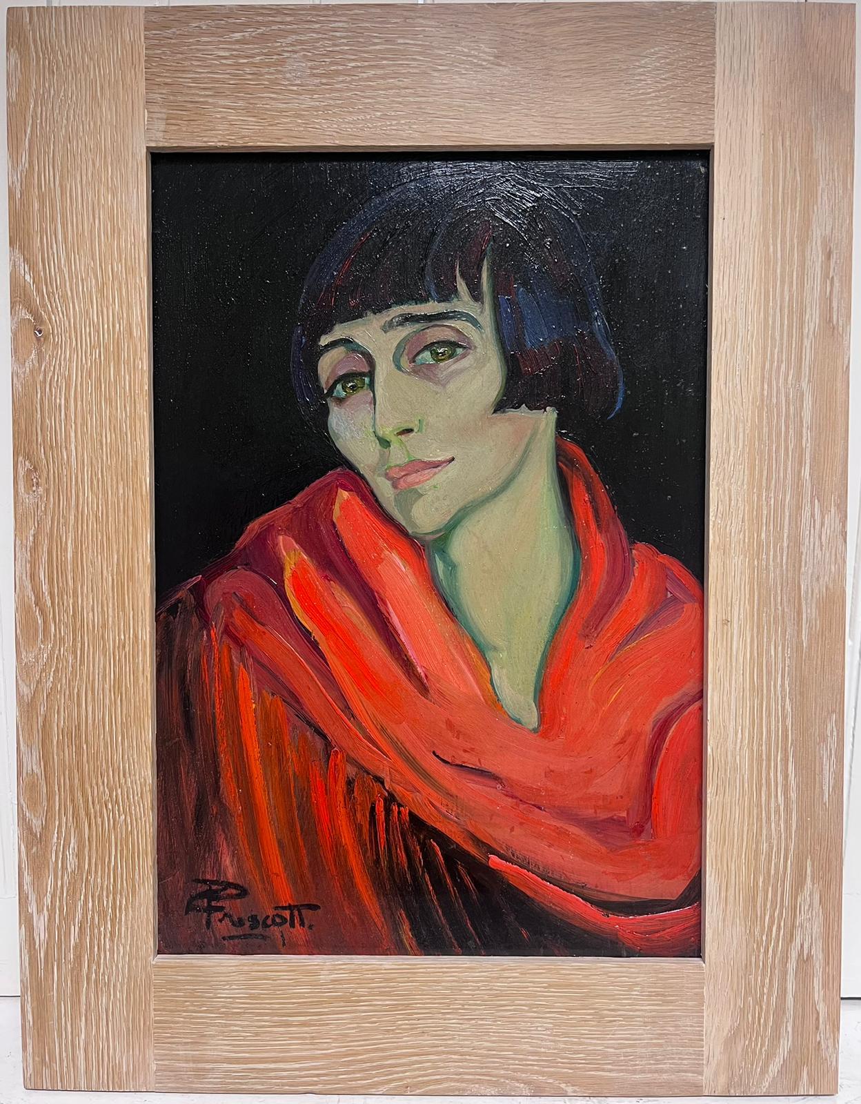 Porträt einer roten Jacke im Art-déco-Stil mit Bobbed-Haar, signiert, Ölgemälde – Painting von British Artist