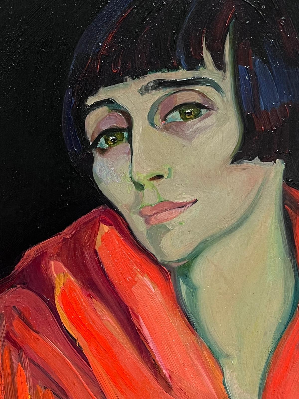 Peinture à l'huile signée Art Déco - Portrait d'une dame aux cheveux tondus et à la veste rouge en vente 1