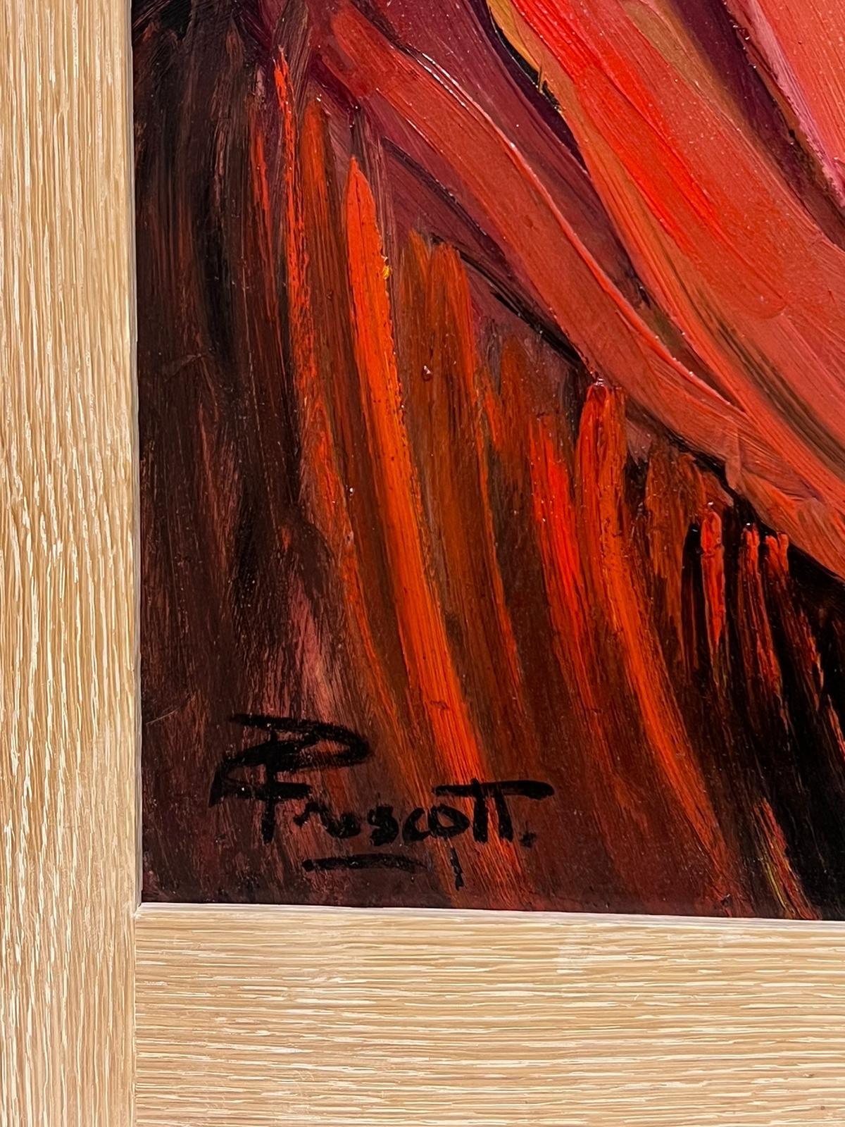 Ritratto di signora in stile Art Deco con capelli raccolti e giacca rossa, dipinto ad olio firmato in vendita 1