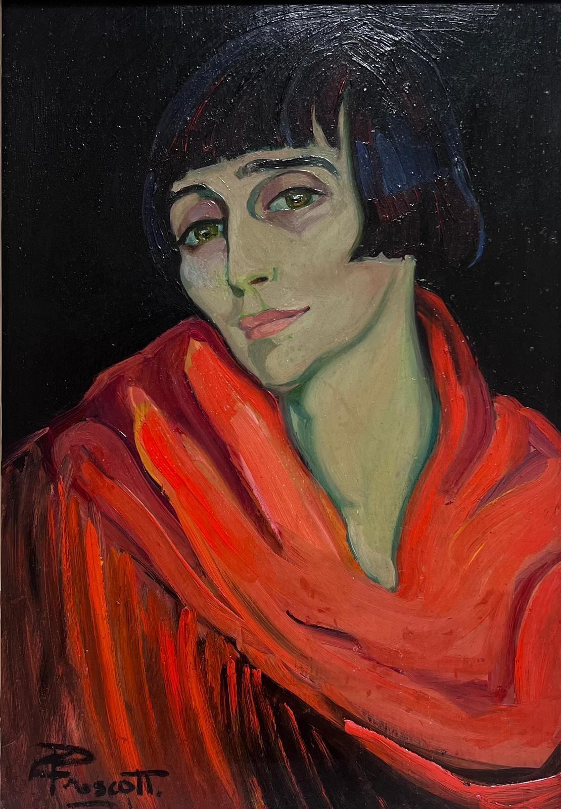 Figurative Painting British Artist - Peinture à l'huile signée Art Déco - Portrait d'une dame aux cheveux tondus et à la veste rouge