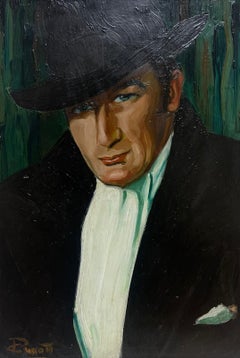 British Portrait of Art Deco Man Top Hat & Dinner Jacket signed oil painting