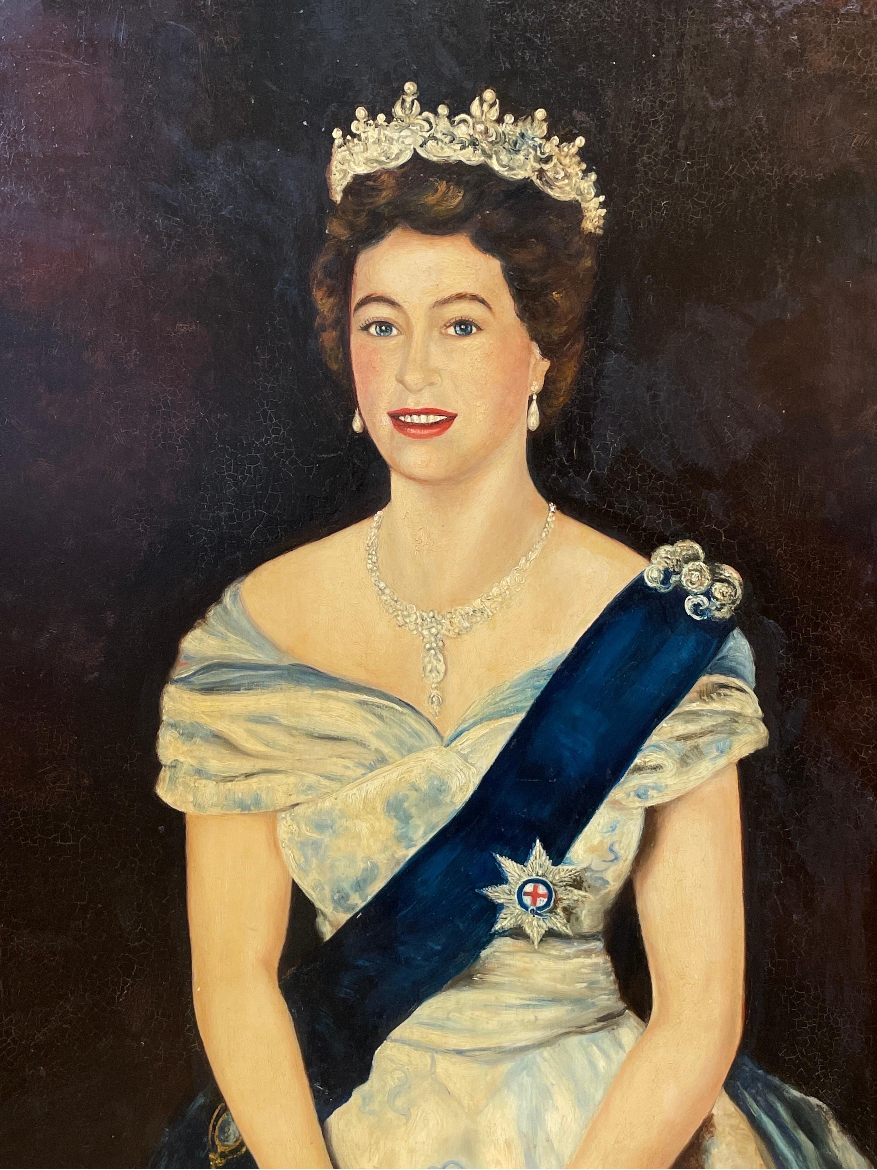 Ihre Majestät Königin Elizabeth II., Original-Ölgemälde, Porträt, 1953, großes Werk (Schwarz), Portrait Painting, von British Artist