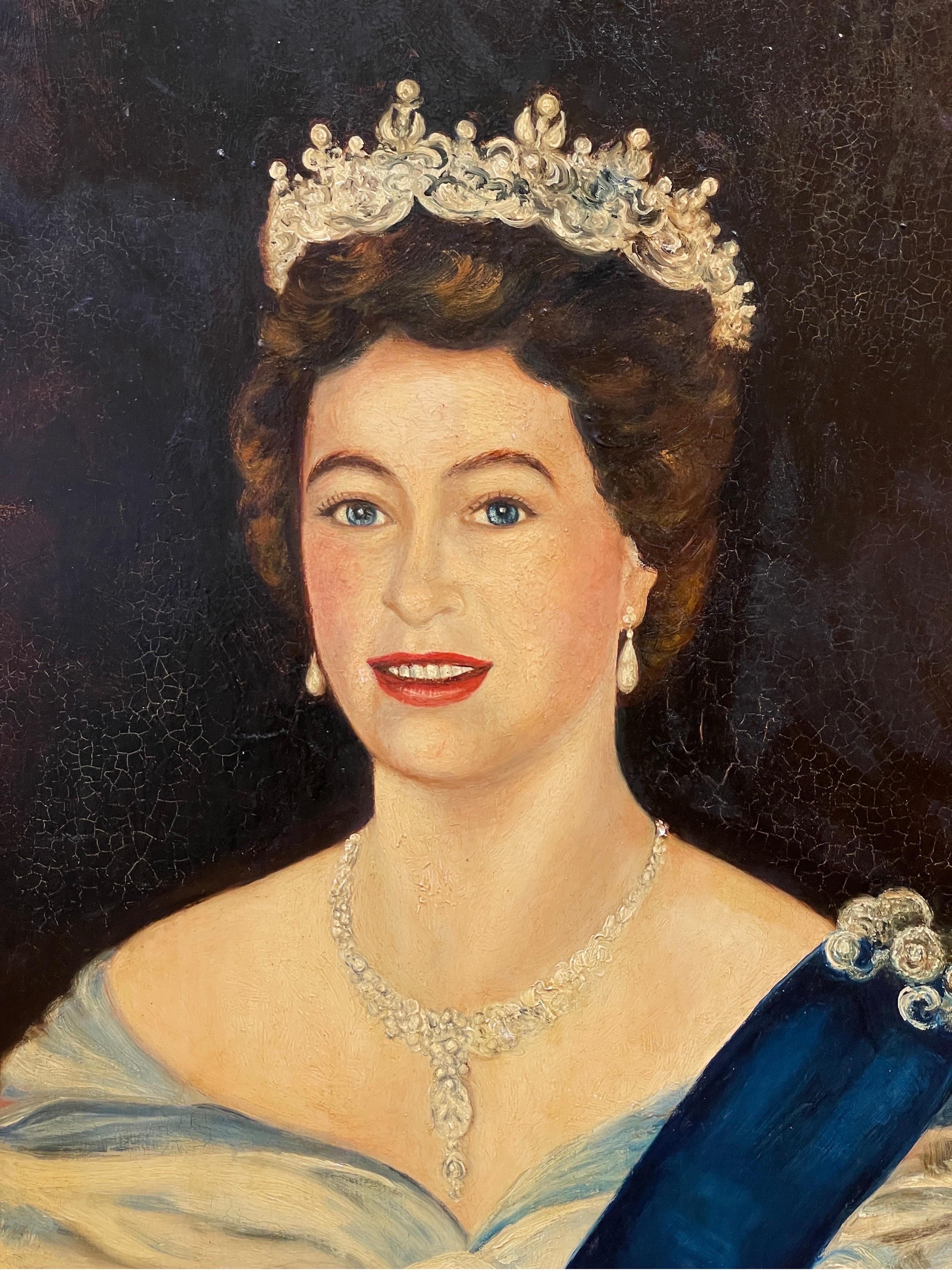 Her Majesty Queen Elizabeth II, Original Oil Painting Portrait 1953 large work - Black Portrait Painting by British Artist