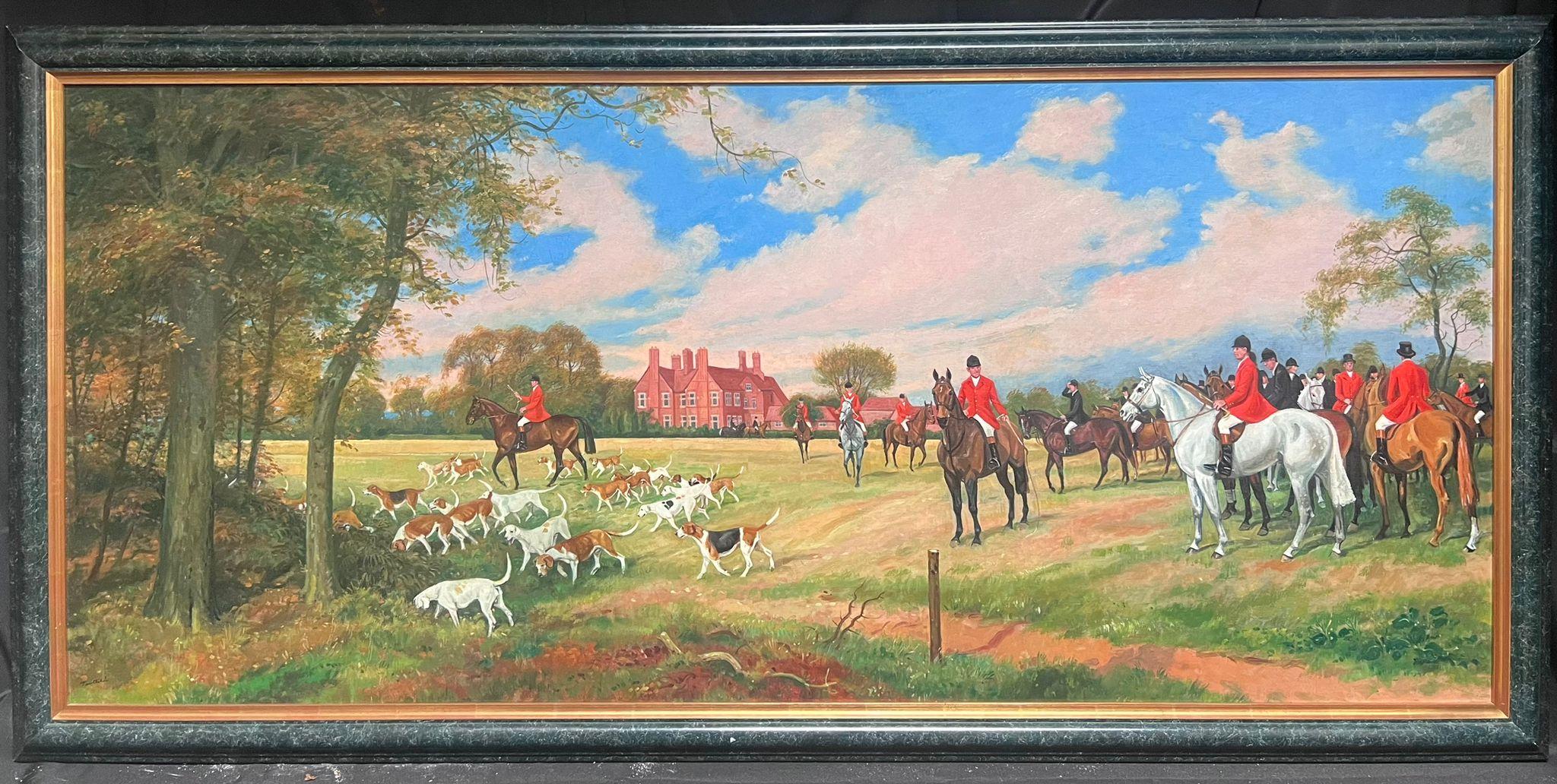 The Meet at Rearsby Grange
British School, indistinctly signed 
titled and inscribed verso
oil on board, framed
framed: 28 x 58 inches
board: 24 x 54 inches
provenance: private collection, England
condition: very good and sound condition