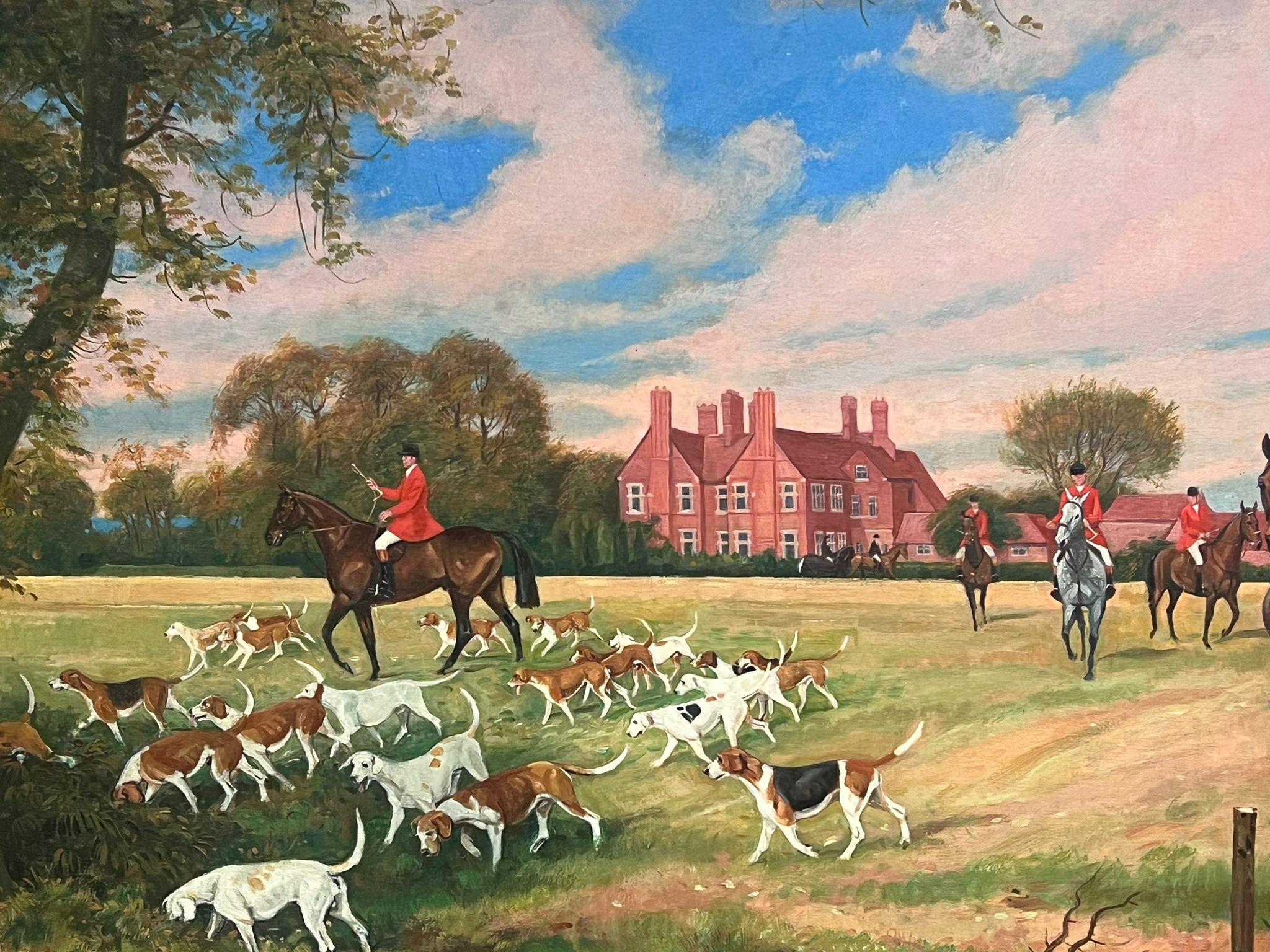Huge British Sporting Art Oil Painting Hunting Scene Horse & Riders Before House For Sale 2