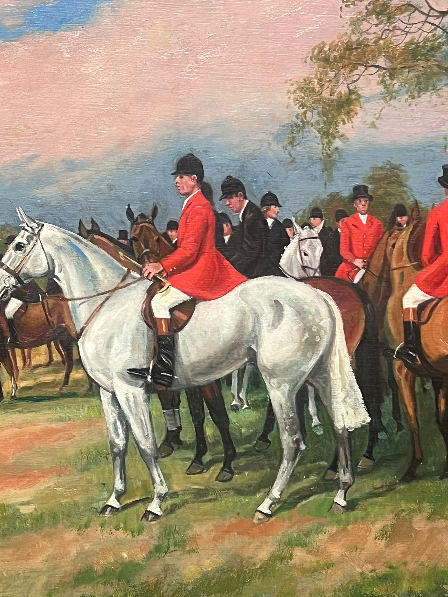 Grande peinture à l'huile britannique d'une scène de chasse, chevaux et cavaliers devant la maison en vente 2