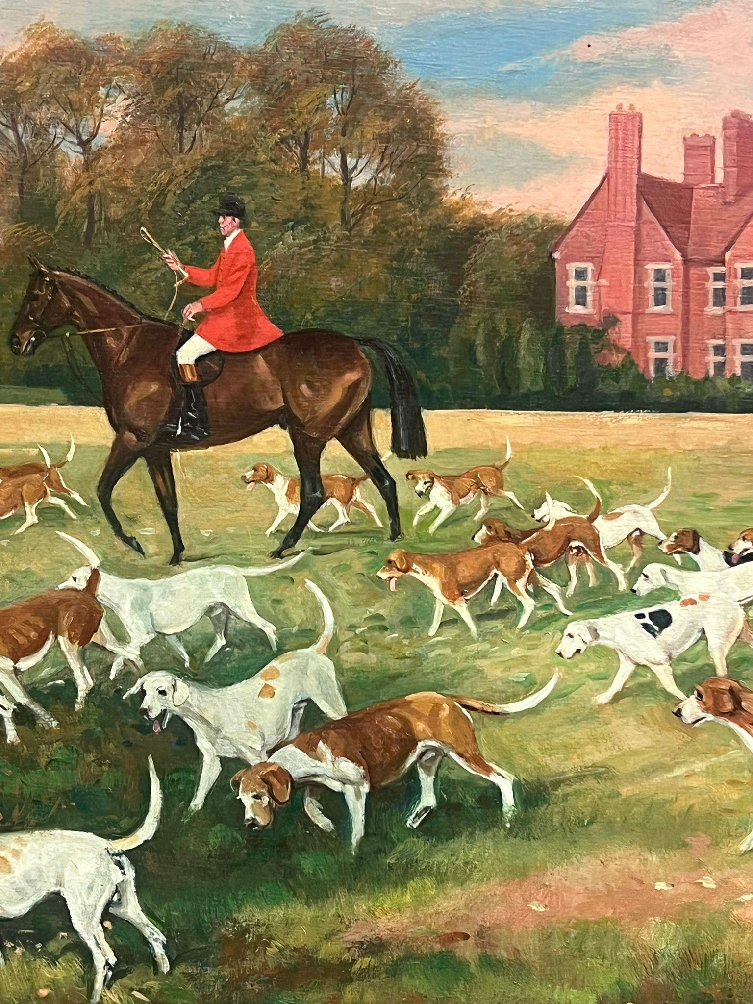 Grande peinture à l'huile britannique d'une scène de chasse, chevaux et cavaliers devant la maison en vente 3