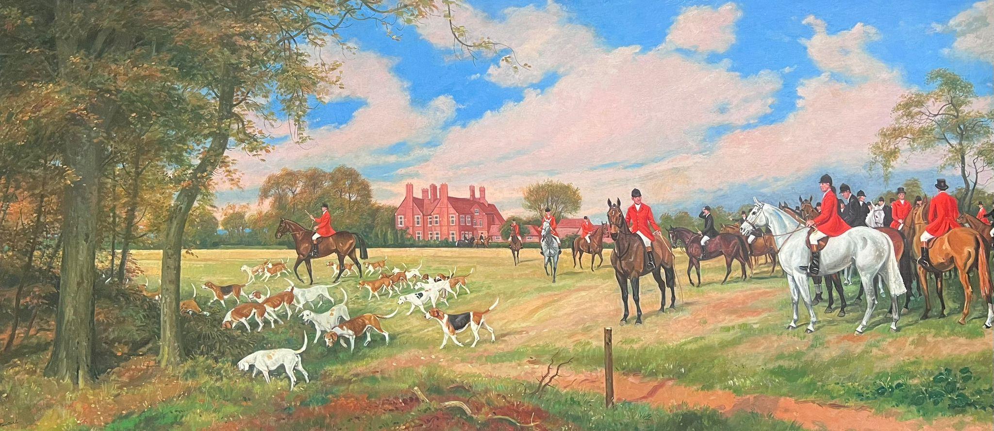 Grande peinture à l'huile britannique d'une scène de chasse, chevaux et cavaliers devant la maison