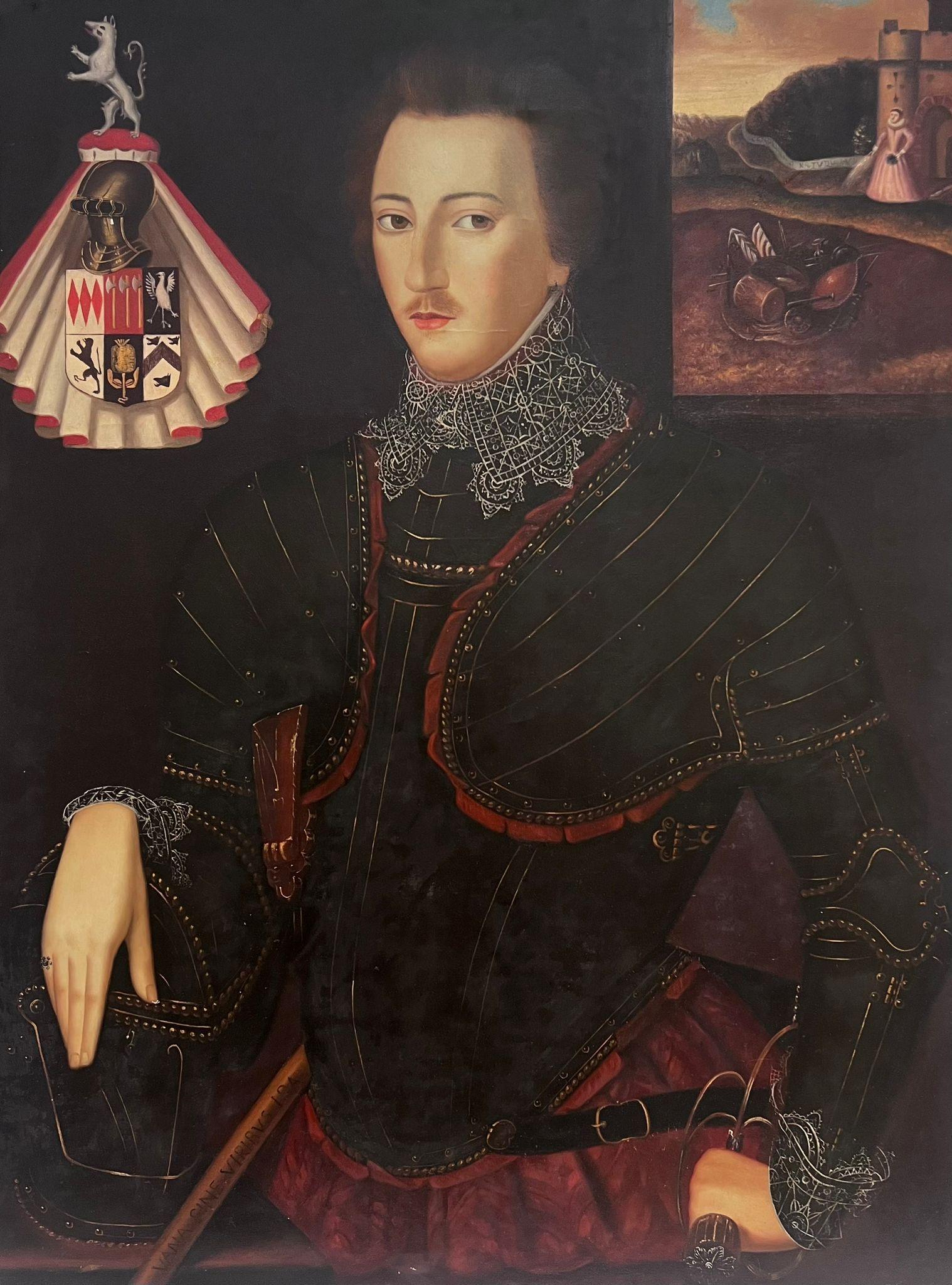 Large British Portrait of Elizabethan Courtier Gent with Coat of Arms painting - Painting by British Artist