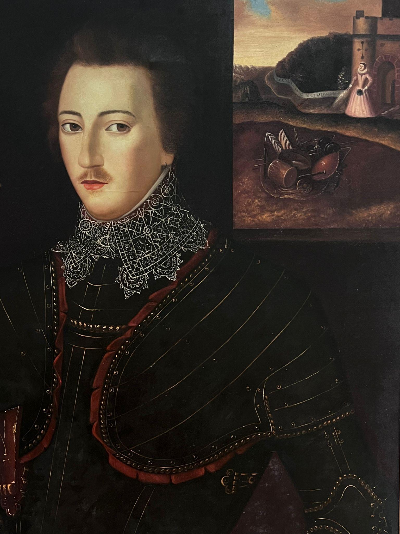 Large British Portrait of Elizabethan Courtier Gent with Coat of Arms painting - Old Masters Painting by British Artist