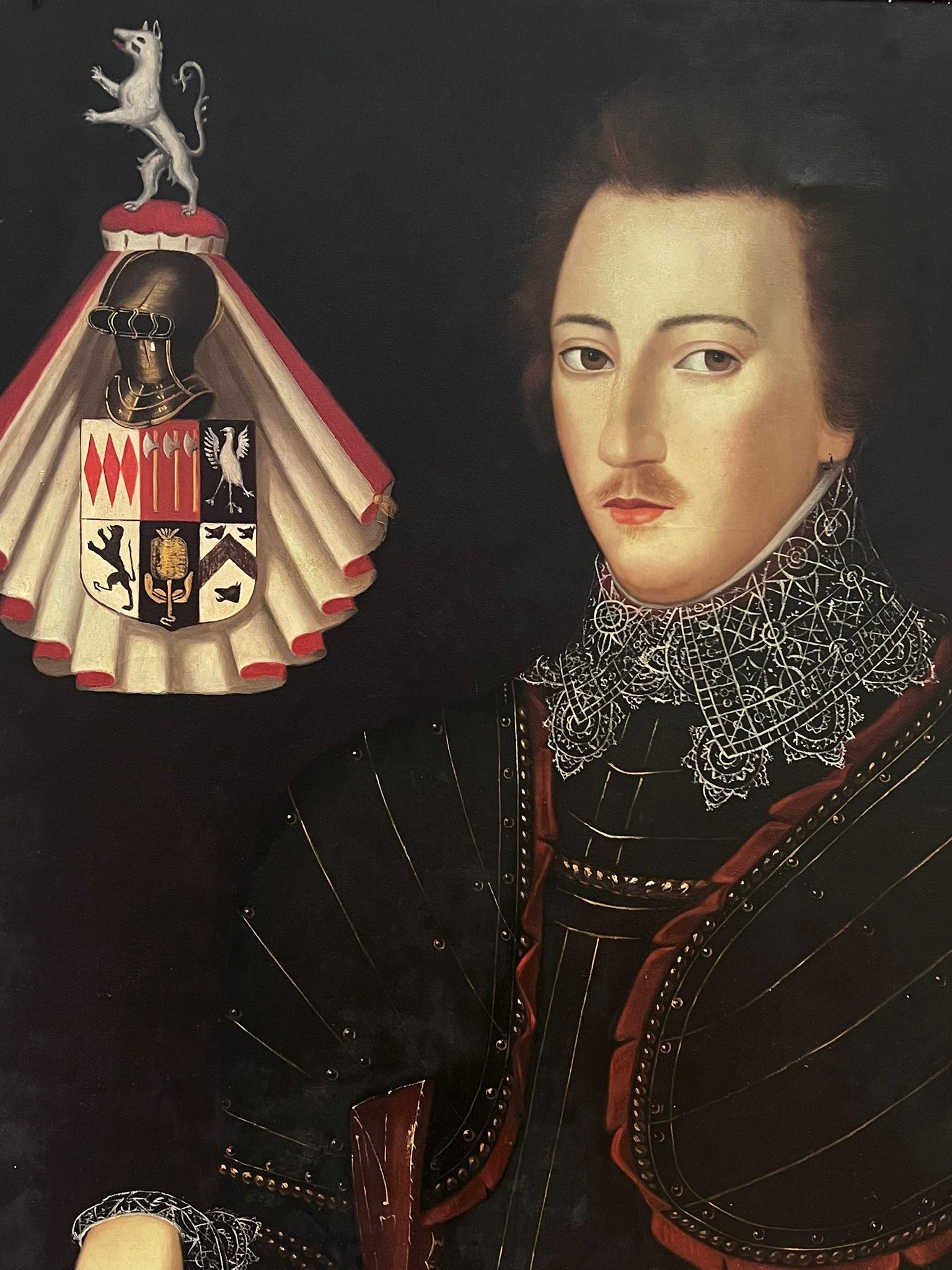 Large British Portrait of Elizabethan Courtier Gent with Coat of Arms painting - Black Portrait Painting by British Artist