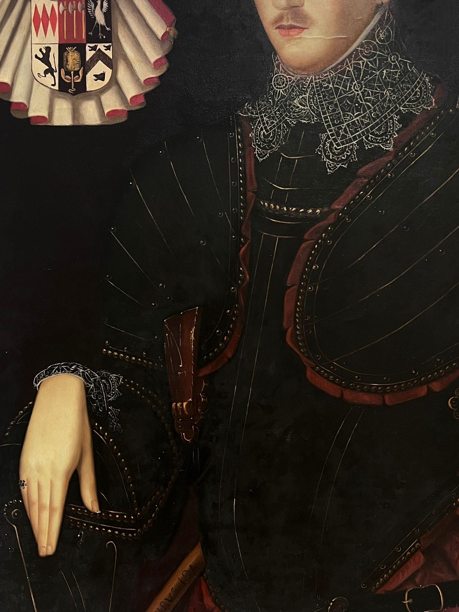 Large British Portrait of Elizabethan Courtier Gent with Coat of Arms painting 1