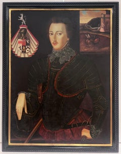 Large British Portrait of Elizabethan Courtier Gent with Coat of Arms painting
