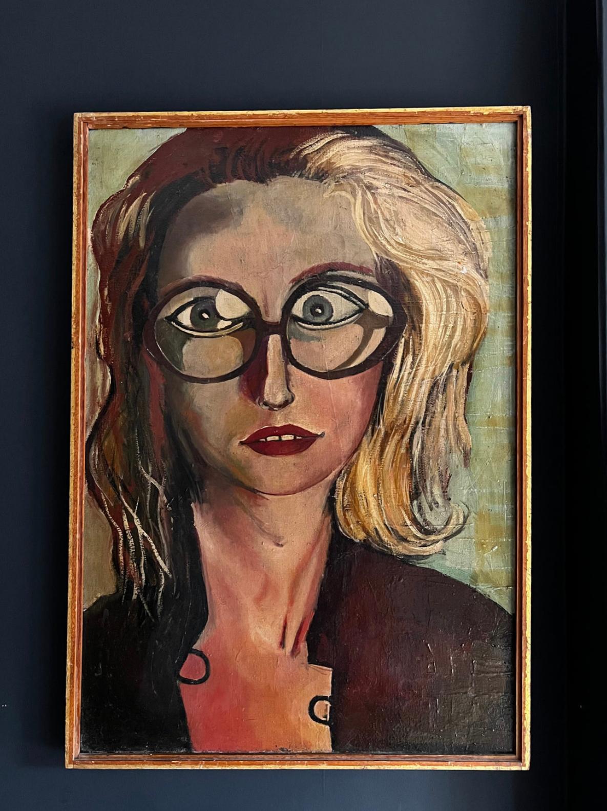 British Artist Portrait Painting - The Girl With The Glasses 1960's Stylised Portrait Signed Oil Painting