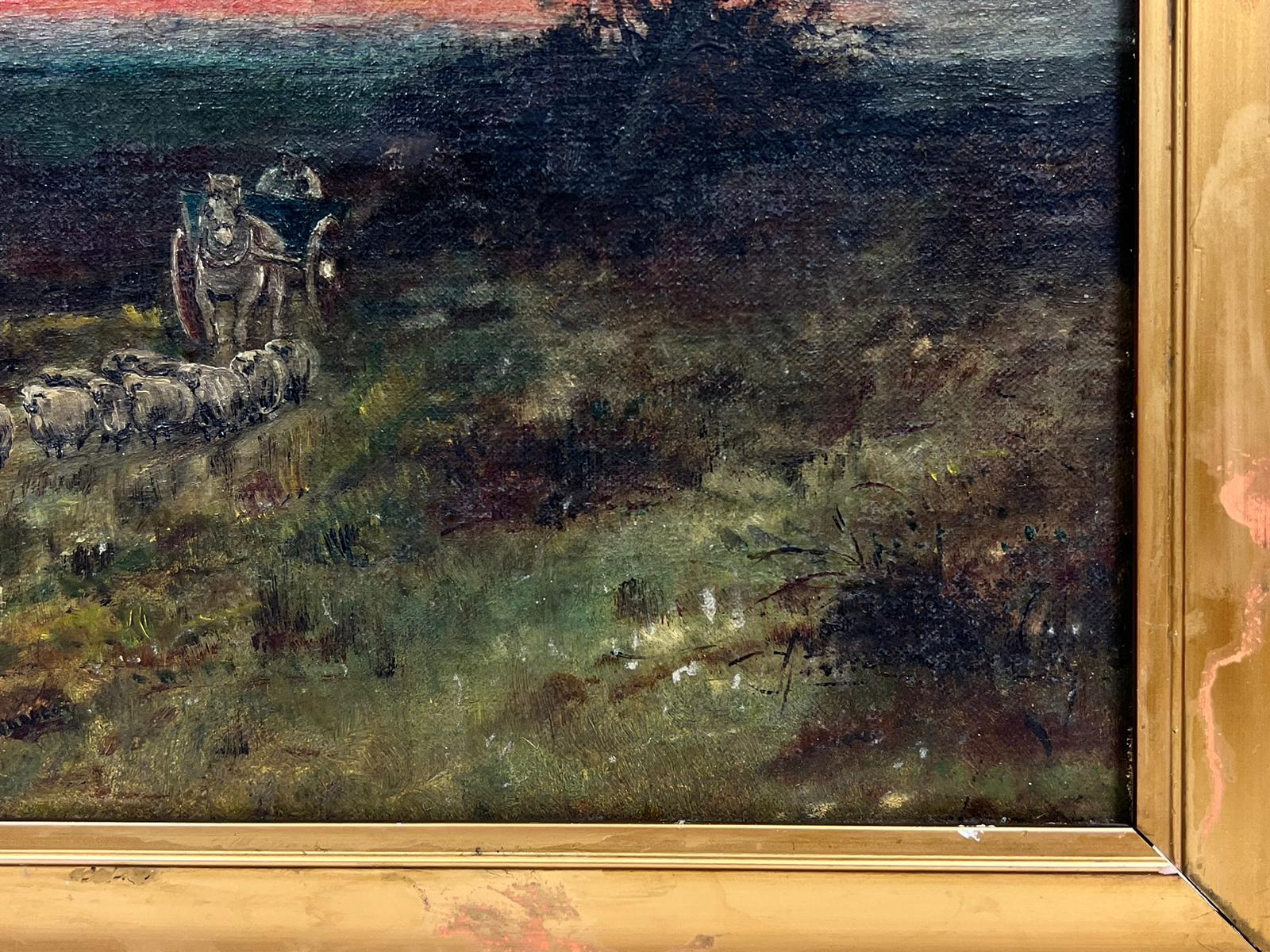 Antique English Oil Painting Farmer Horse & Cart with Sheep Sunset Fields 1