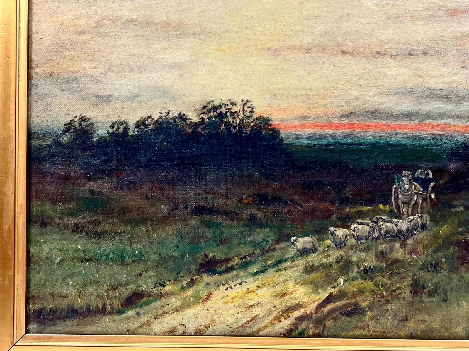 Antique English Oil Painting Farmer Horse & Cart with Sheep Sunset Fields 2