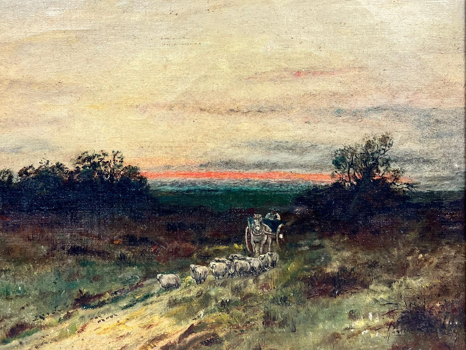 Antique English Oil Painting Farmer Horse & Cart with Sheep Sunset Fields 3