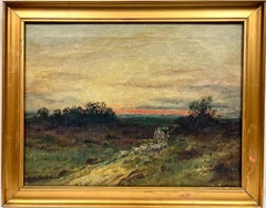 Antique English Oil Painting Farmer Horse & Cart with Sheep Sunset Fields