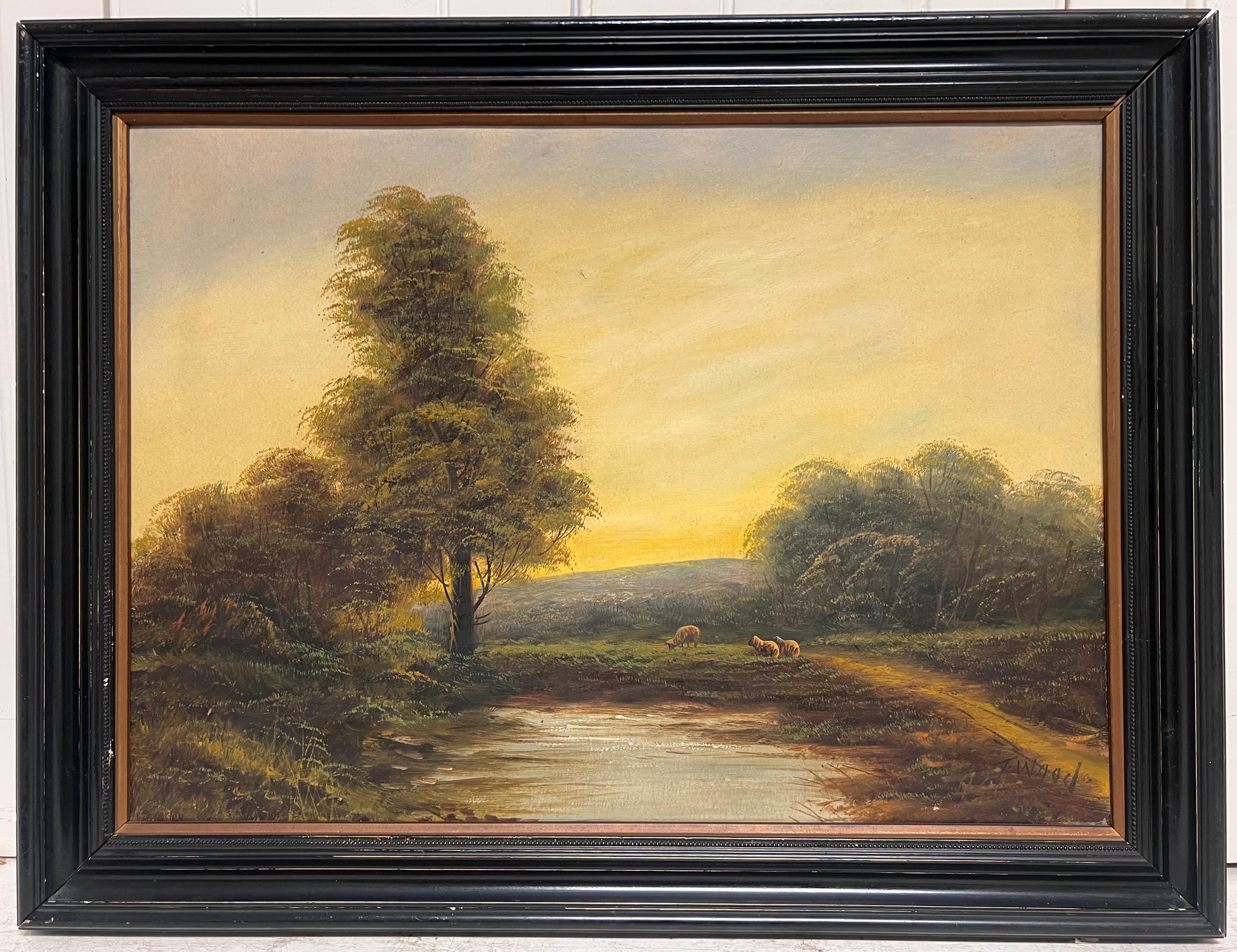 Antico dipinto a olio inglese Pecore in un paesaggio pastorale Luce dorata - Painting di British artist