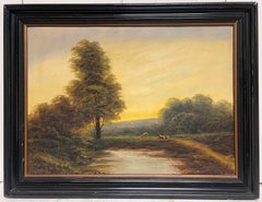 Antique English Oil Painting Sheep in Pastoral Landscape Golden Light