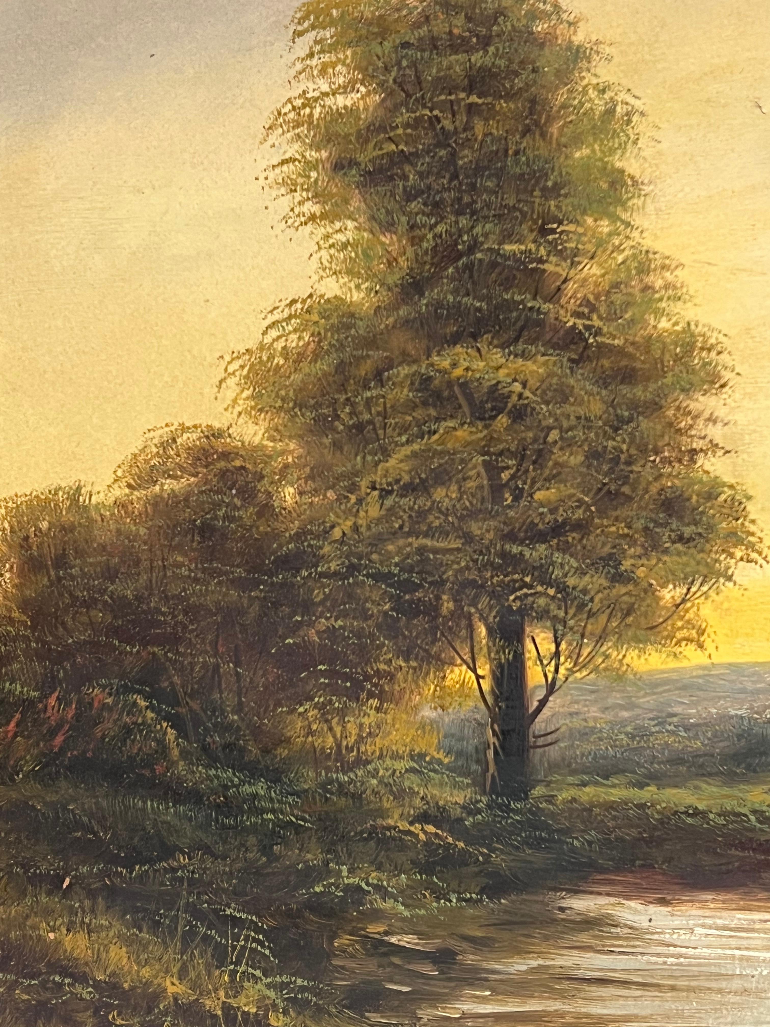 Antico dipinto a olio inglese Pecore in un paesaggio pastorale Luce dorata - Painting Scuola inglese di British artist