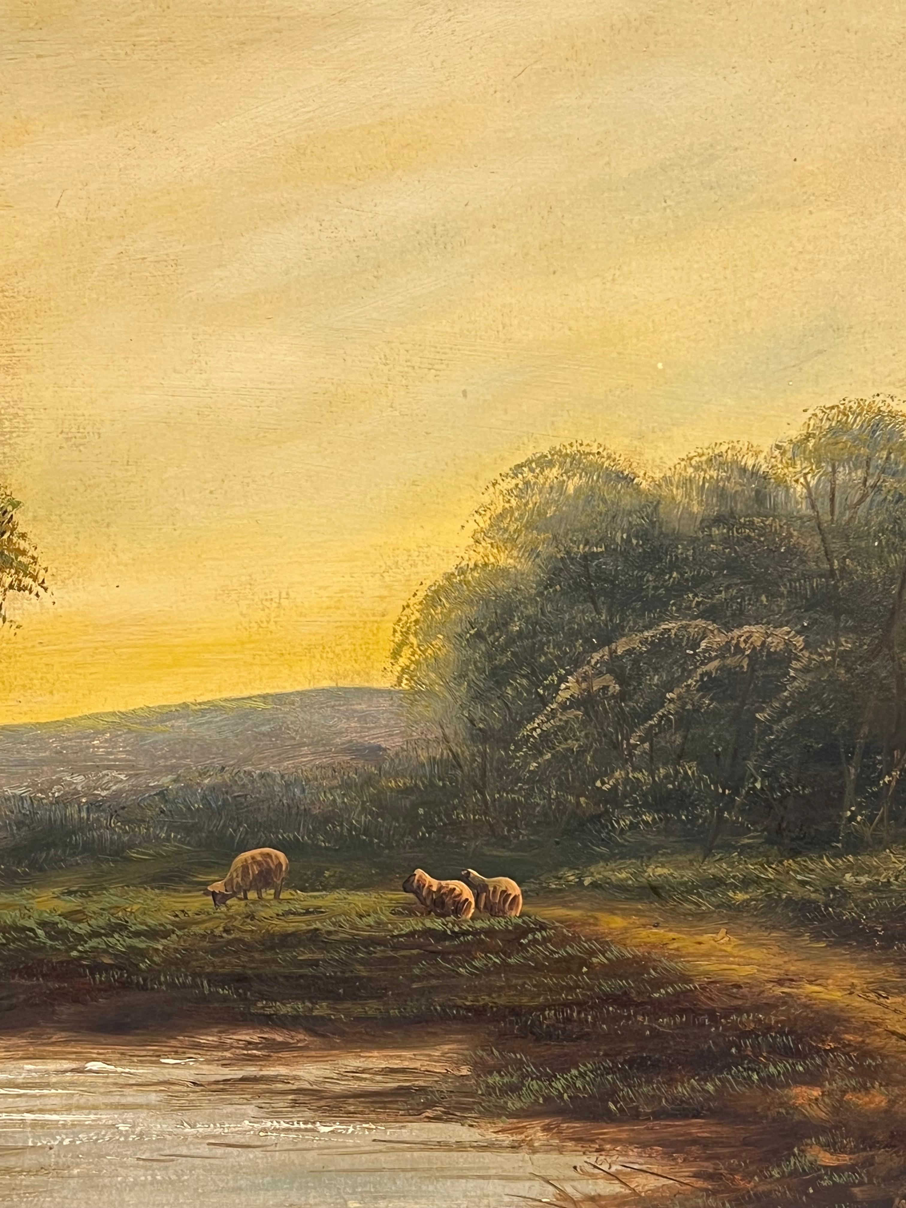 Antico dipinto a olio inglese Pecore in un paesaggio pastorale Luce dorata in vendita 1