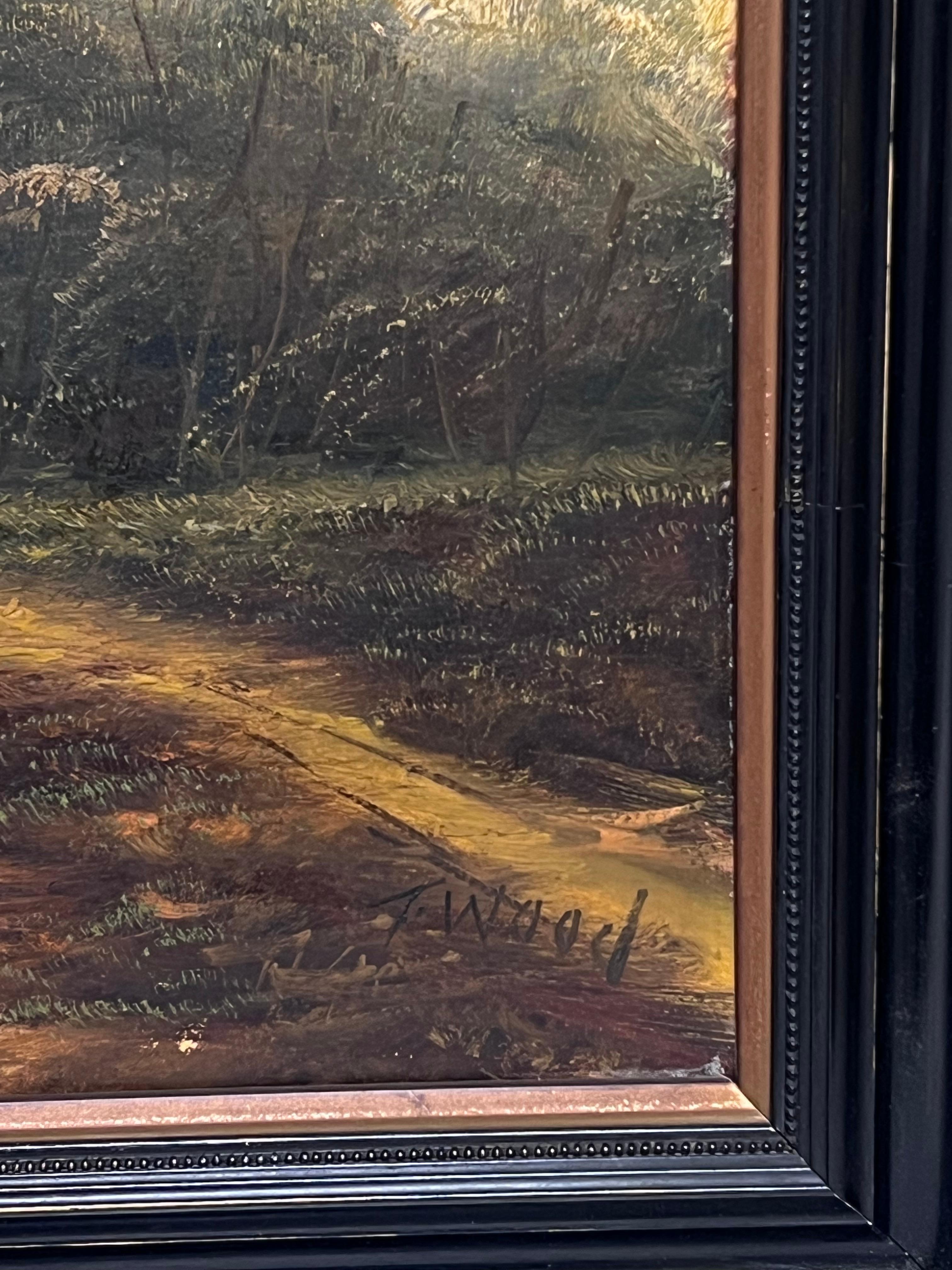 Antico dipinto a olio inglese Pecore in un paesaggio pastorale Luce dorata in vendita 4