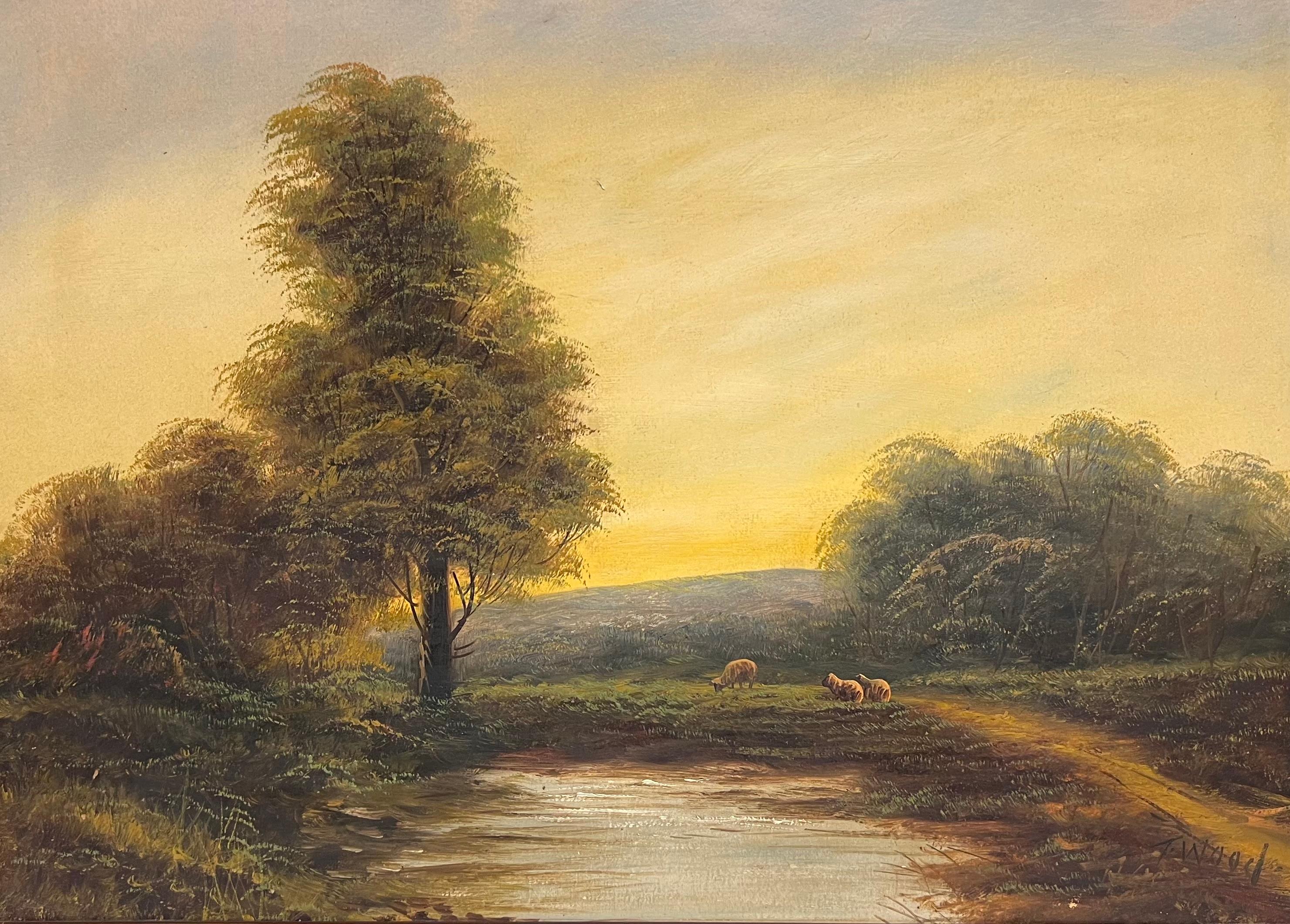 Antique English Oil Painting Sheep in Pastoral Landscape Golden Light
