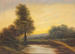 Peinture à l'huile anglaise ancienne représentant des moutons dans un paysage pastoral, lumière dorée