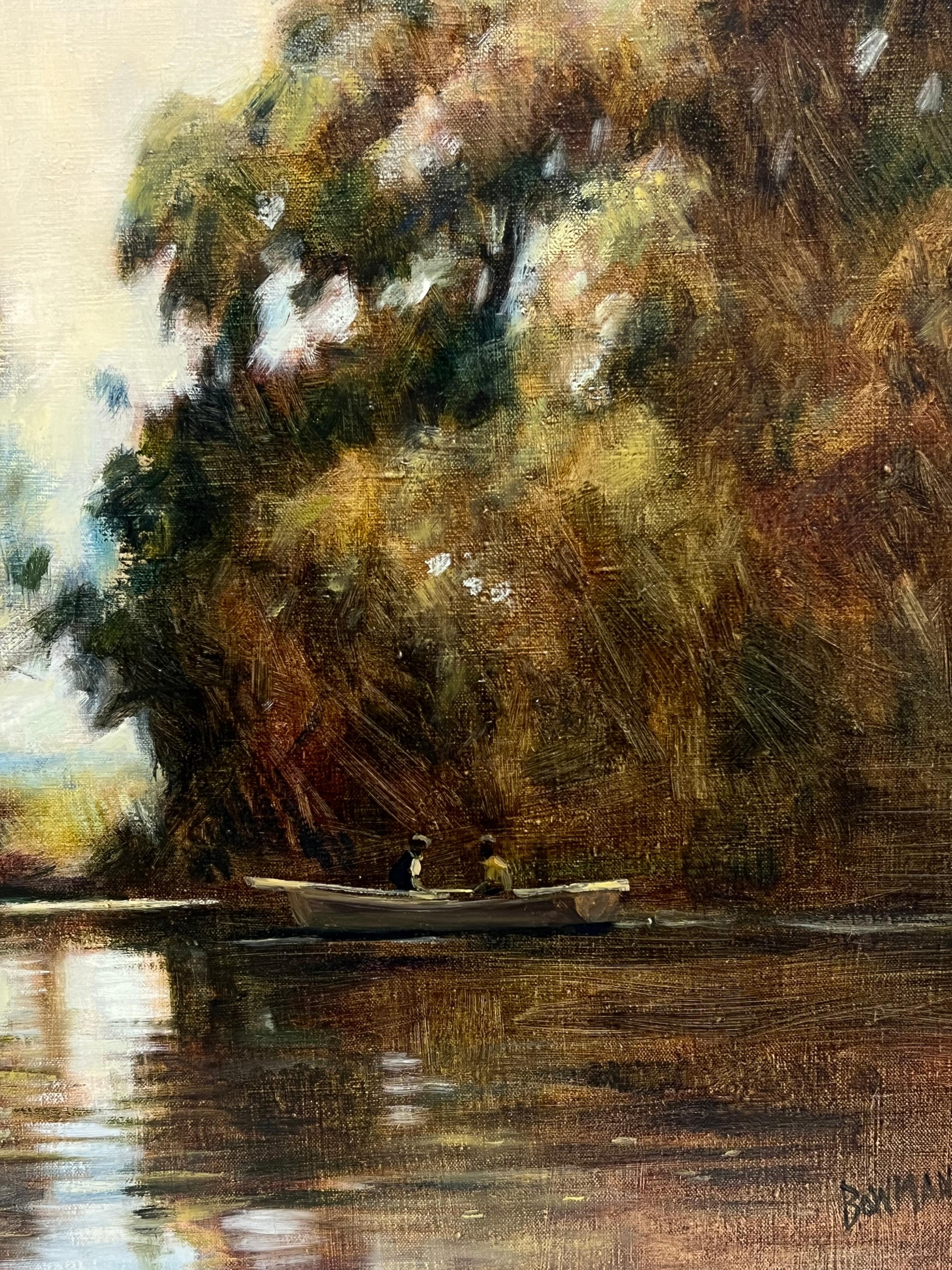 British Impressionist 20th Century Signed Oil Sludgy Green River Landscape Boat For Sale 5