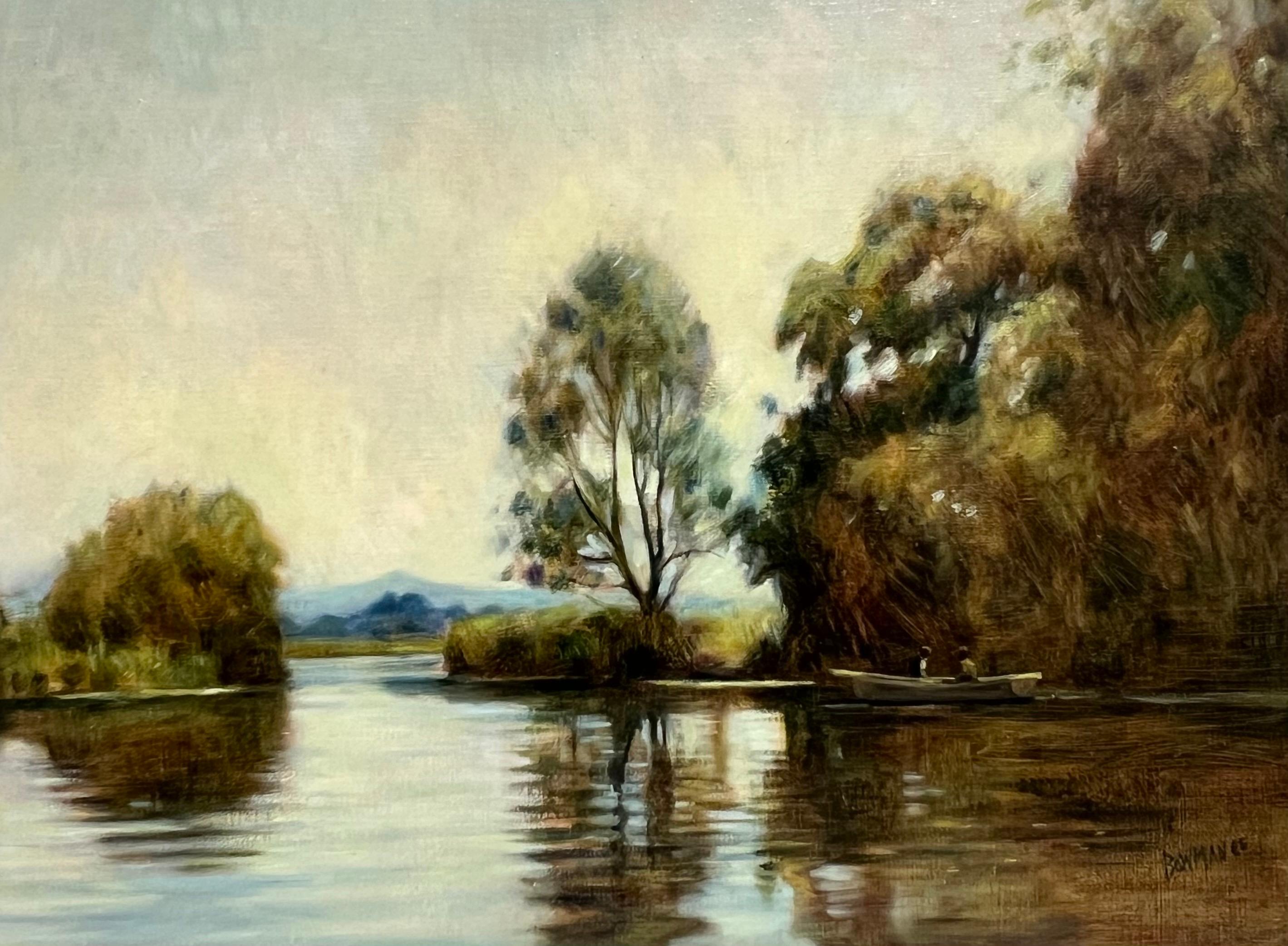 British Impressionist 20th Century Signed Oil Sludgy Green River Landscape Boat For Sale 6