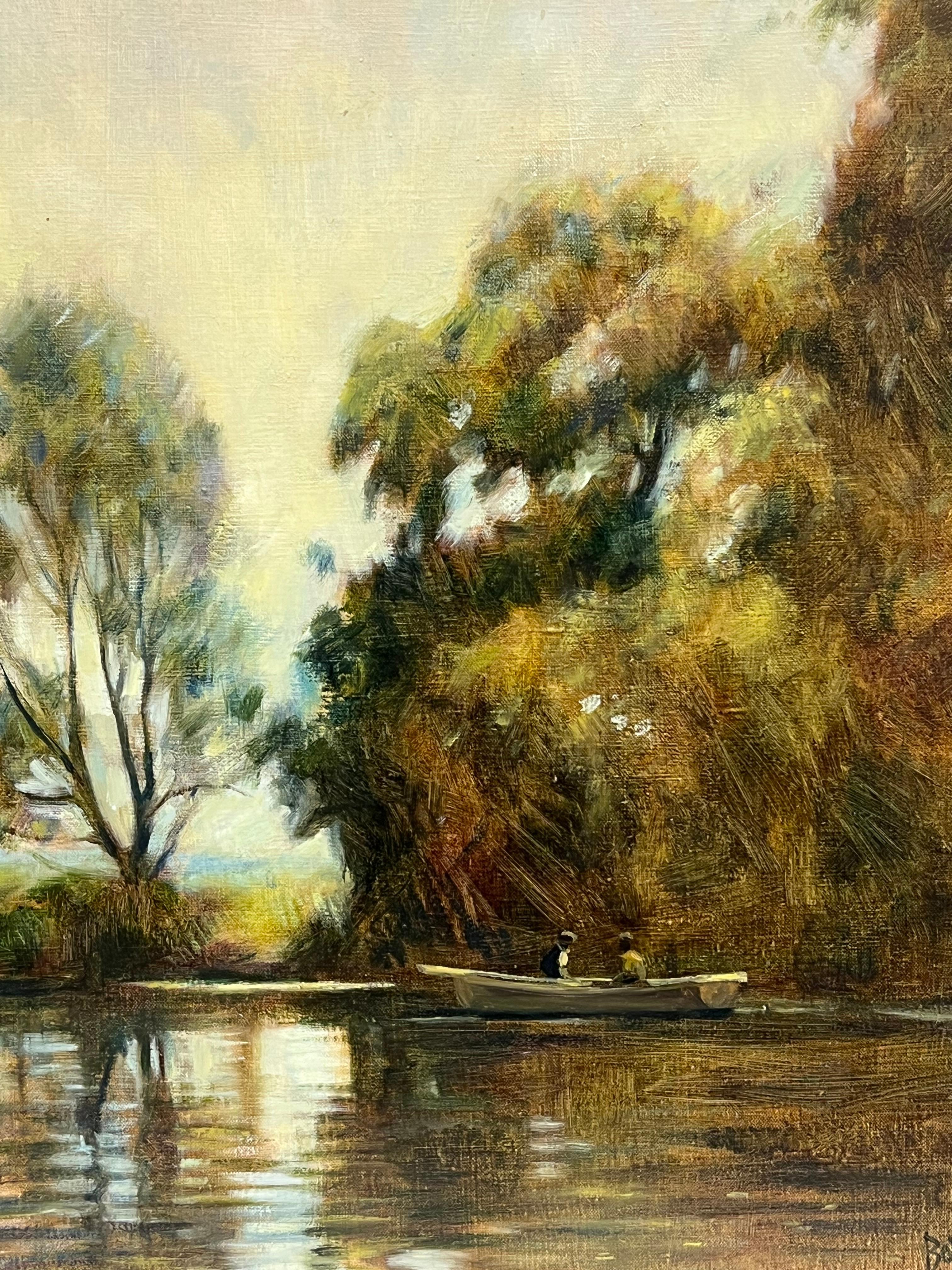 British Impressionist 20th Century Signed Oil Sludgy Green River Landscape Boat - Painting by British artist