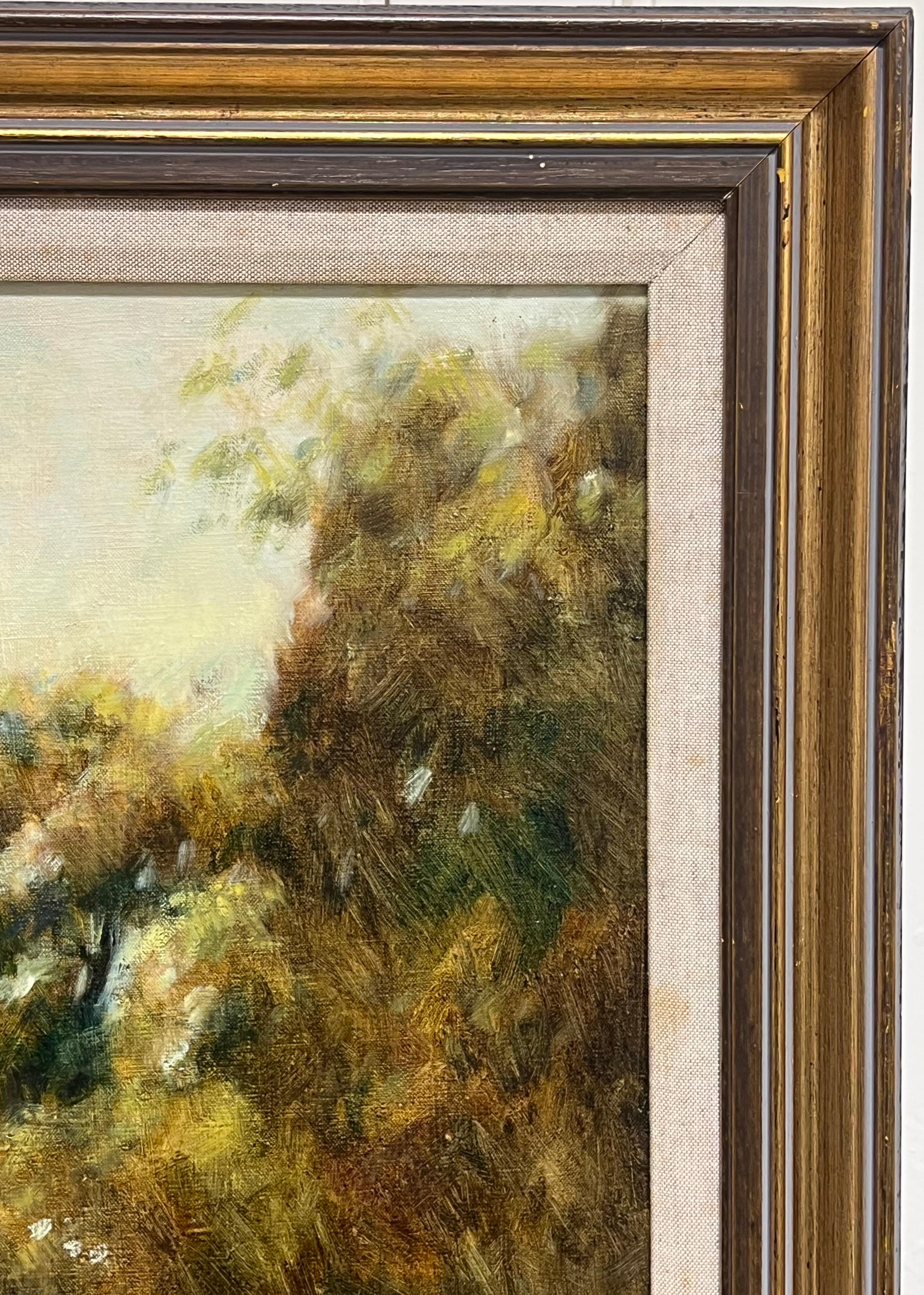 British Impressionist 20th Century Signed Oil Sludgy Green River Landscape Boat - English School Painting by British artist