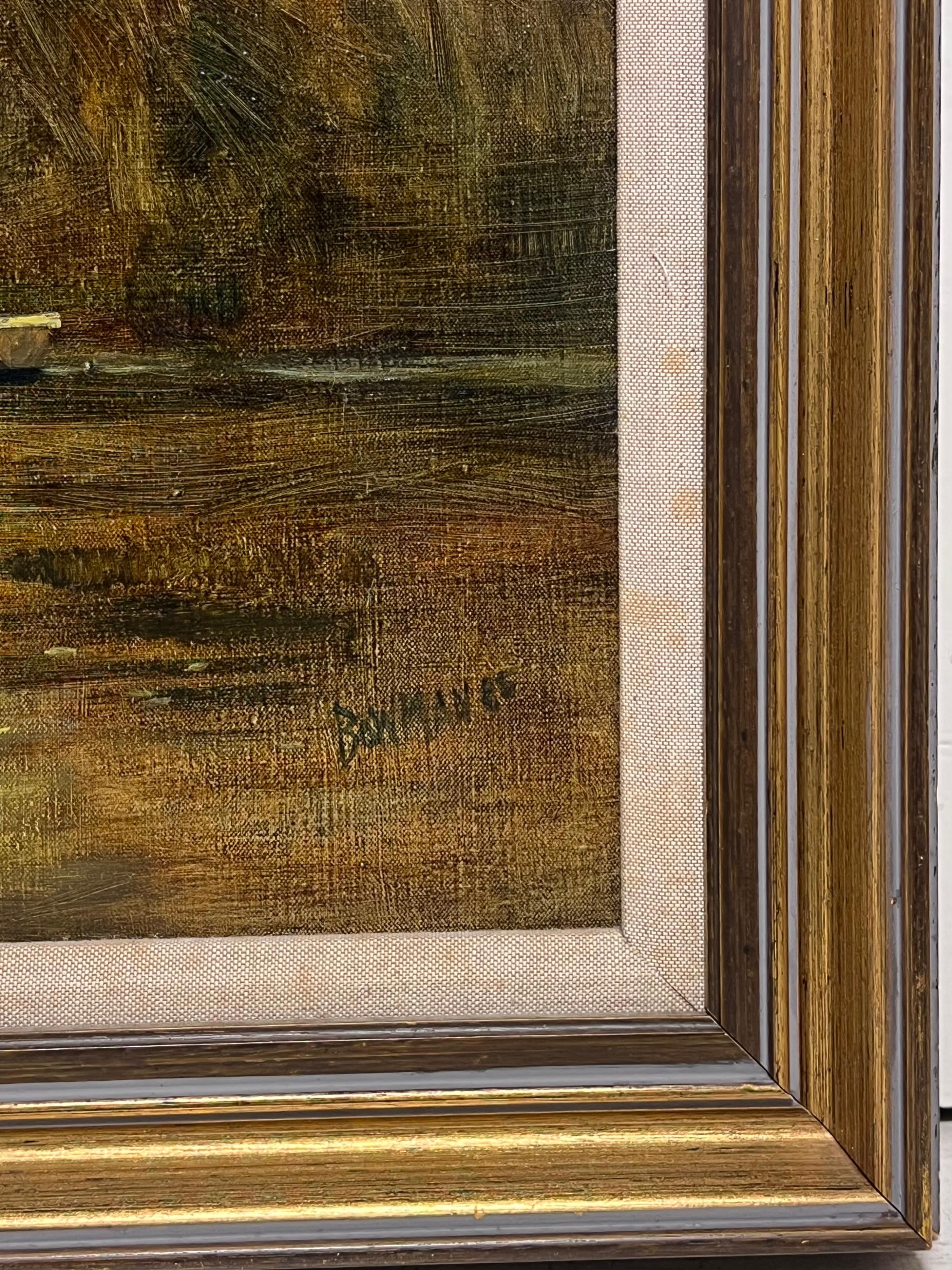 Signiertes Ölgemälde „Sludgy Green River Landscape Boat“, britischer Impressionist, 20. Jahrhundert (Braun), Landscape Painting, von British artist